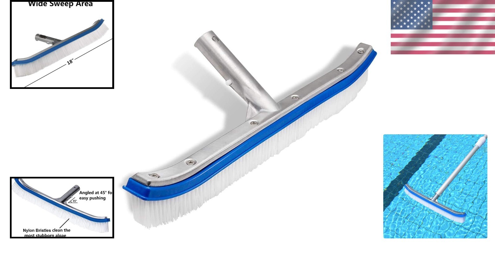 18&Prime; Heavy Duty Pool Wall & Tile Brush – Durable Nylon Bristles & Aluminum Back
