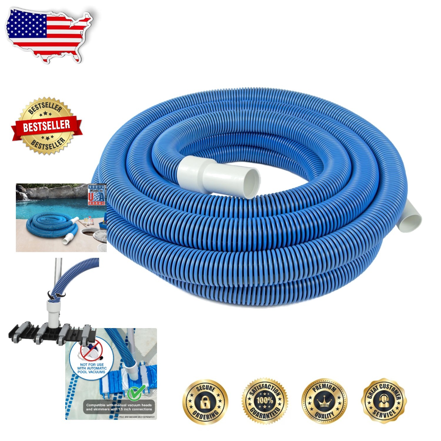 35ft Pool Vacuum Hose – Heavy Duty EVA, Kink-Free Swivel Cuff, USA Made