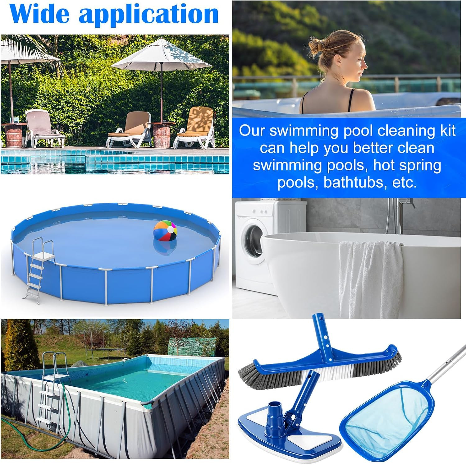 3-Piece Pool Cleaning Kit with Vacuum Head, Brushes, and Skimmer Net
