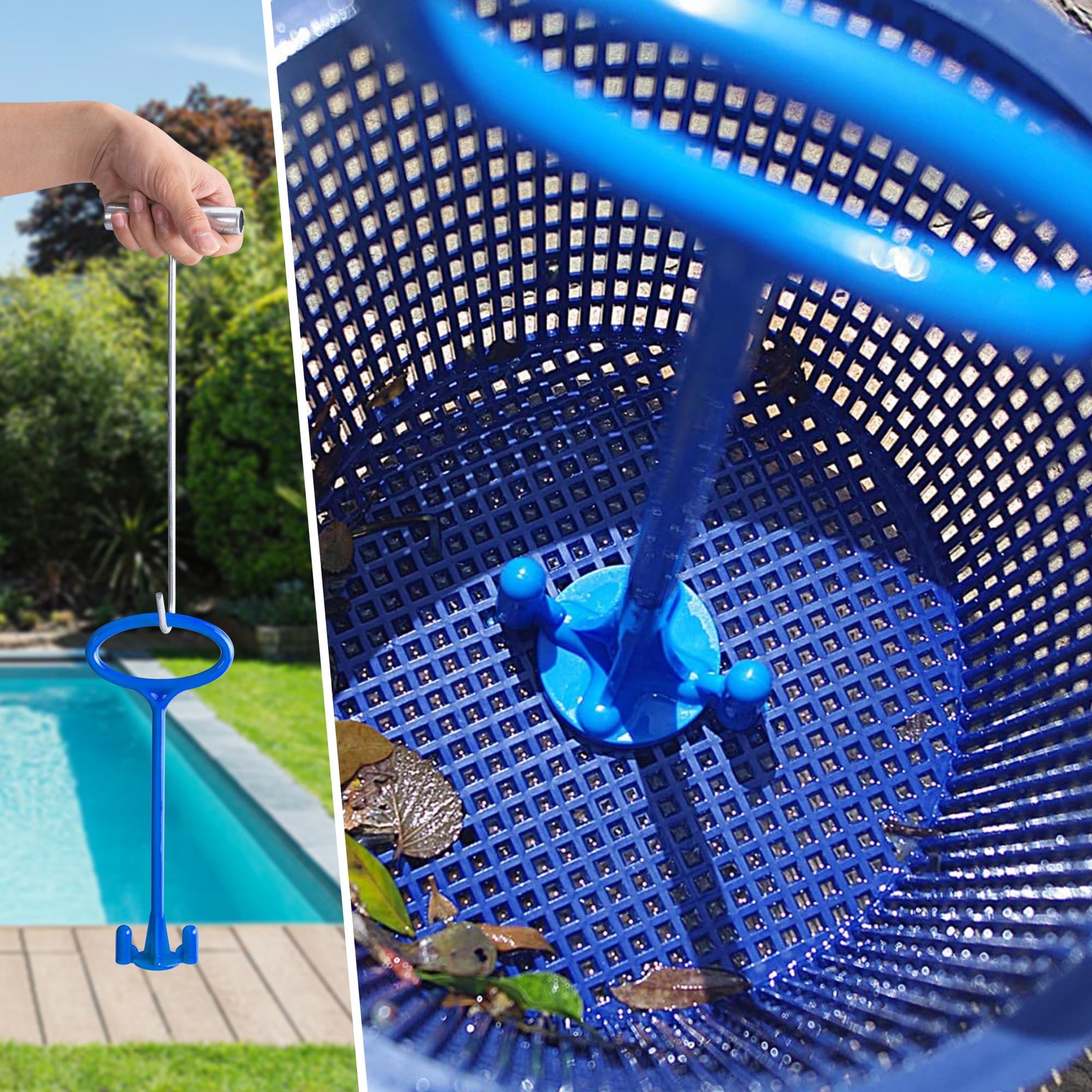 Pool Skimmer Basket Handle Tool Blue Silver Hook Inground Above Ground Cleaning