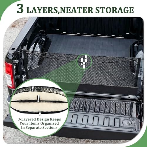 3-Layer Cargo Net Zipper Bag Truck Bed Net for Dodge RAM 1500 2019-2026