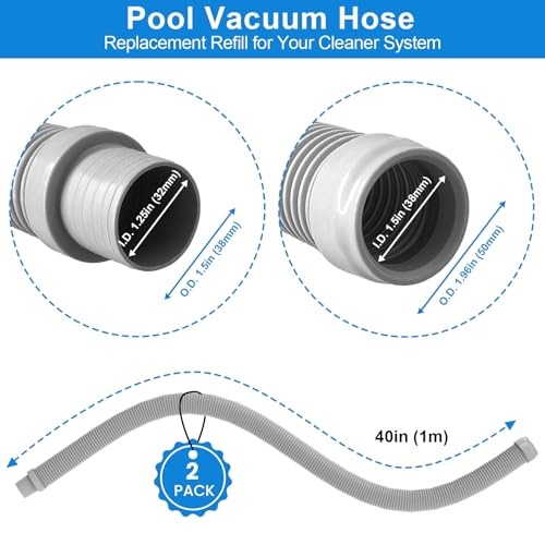 Pool Vacuum Hose 2-Pack, Spare & Replacement, 40&Prime; 1.5in x 40in (2 PACK) Gray
