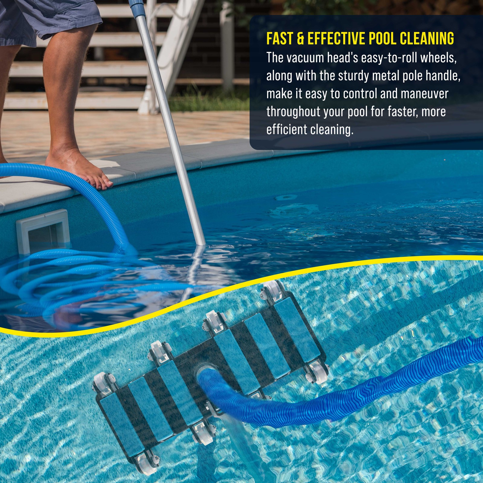 Manual Pool Vacuum Head for Inground Pools, Extra-Wide, Weighted – 1.5&Prime; Hose
