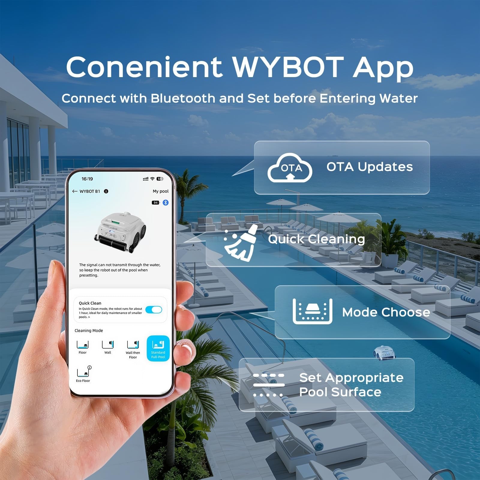 WYBOT B1 Robotic Pool Cleaner Cordless Wall Waterline Cleaning Edge Cleaning