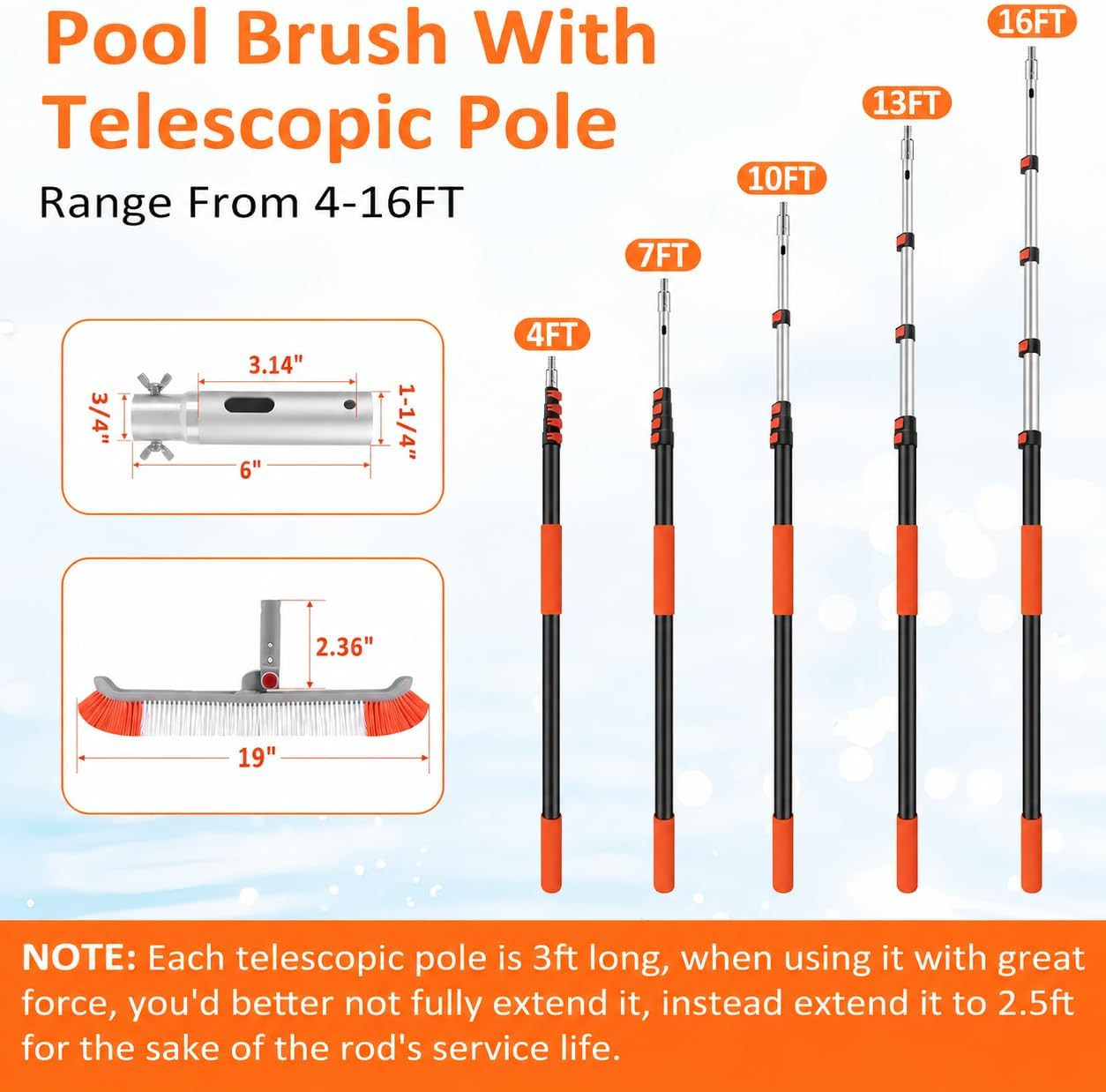 16FT Pool Brush with Pole, 19&Prime; Heavy Duty Swimming Pool Brush with 4-16FT Alumin