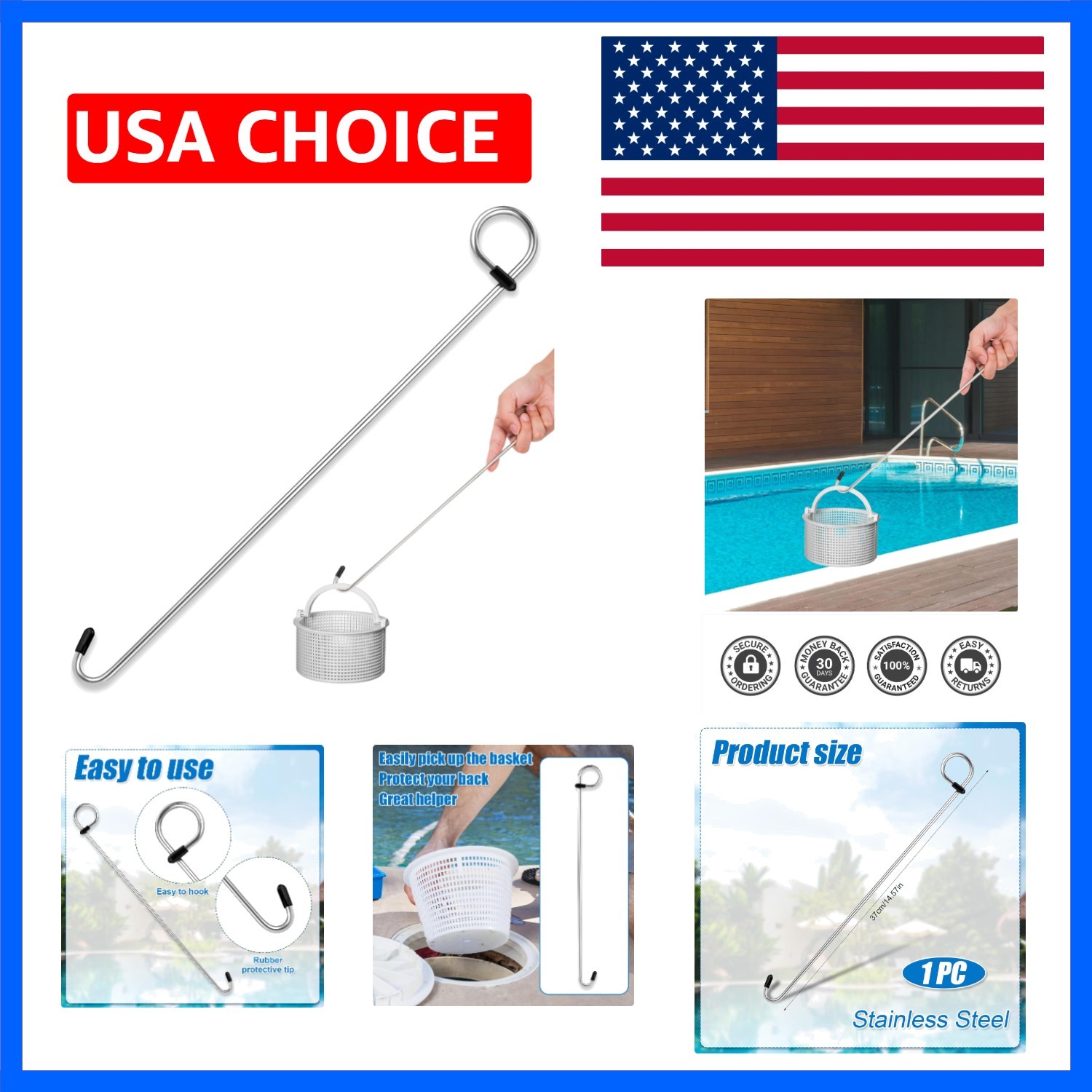 Swimming Pool Skimmer Basket Hook, 14.57in Long Skimmer Basket Extension Hand…