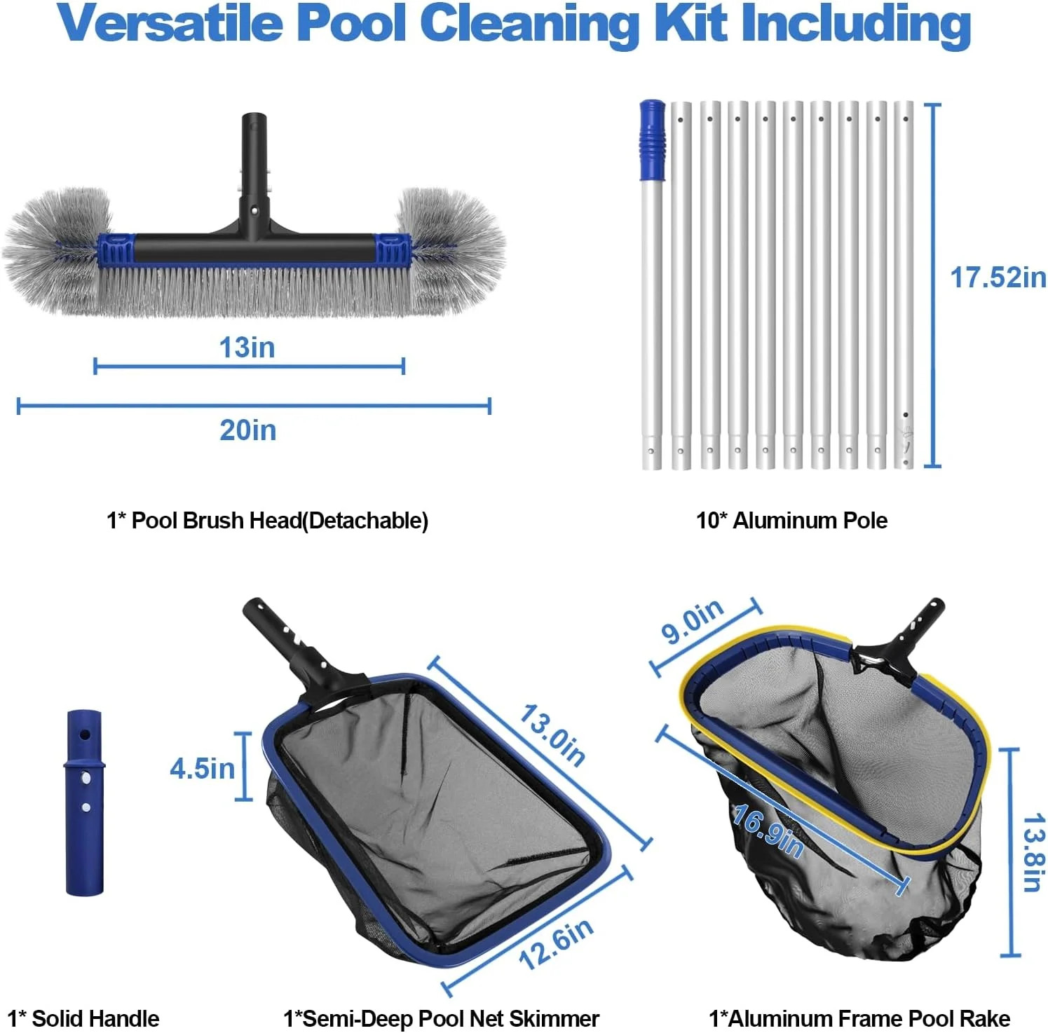 Poolvio 5-in-1 Pool Cleaning Kit – Includes Semi-Deep Skimmer Net, Aluminum Leaf