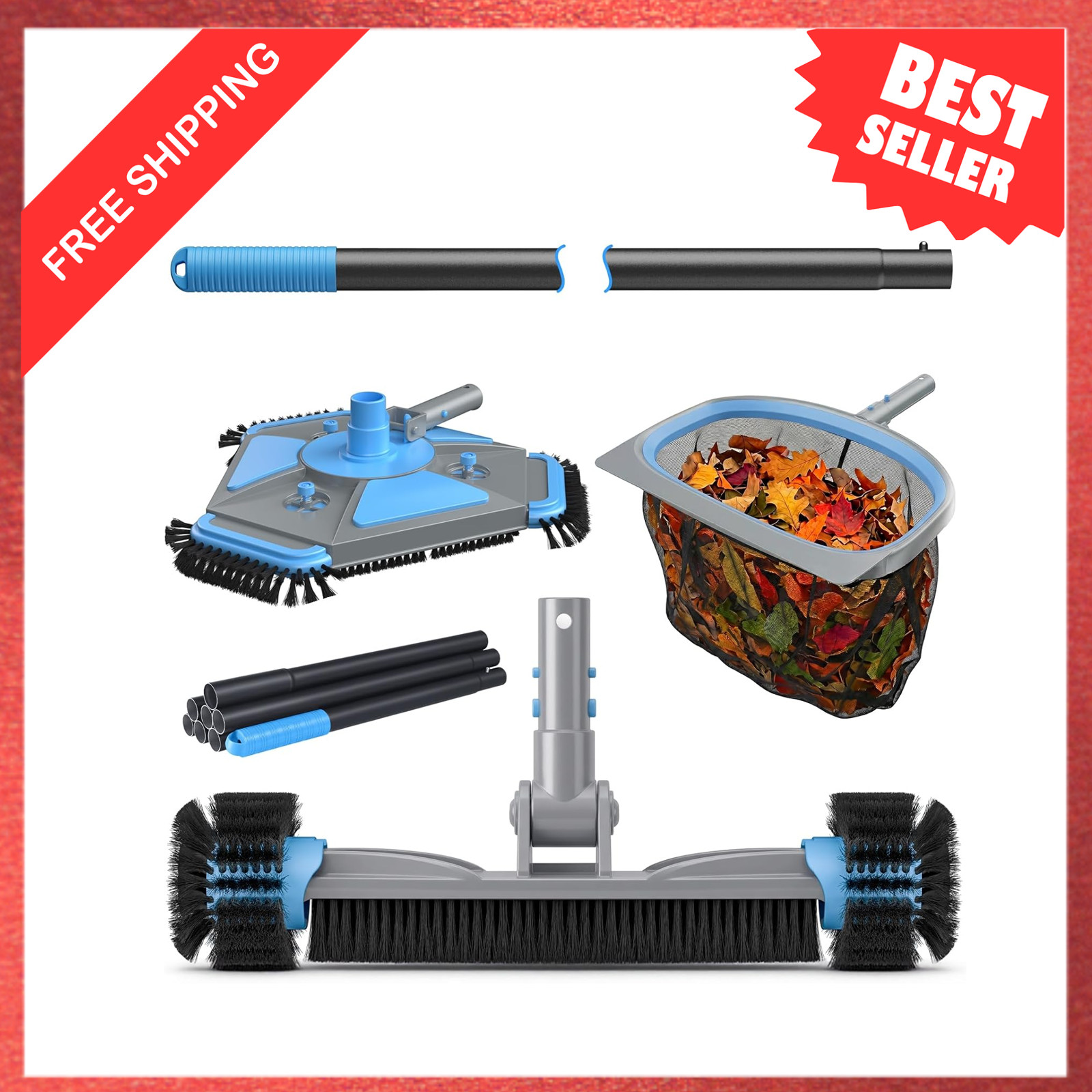 Pool Cleaning Kit with Vacuum Head Brush Skimmer Net and Extendable Aluminum