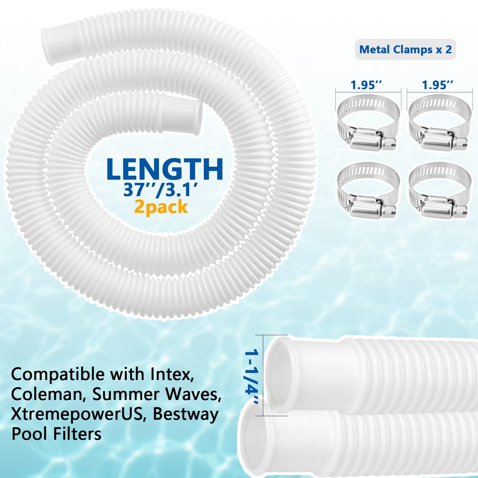 1.25&Prime; x 3ft Pool Hose for Above Ground Pools, 1-1/4&Prime; x 3ft, White