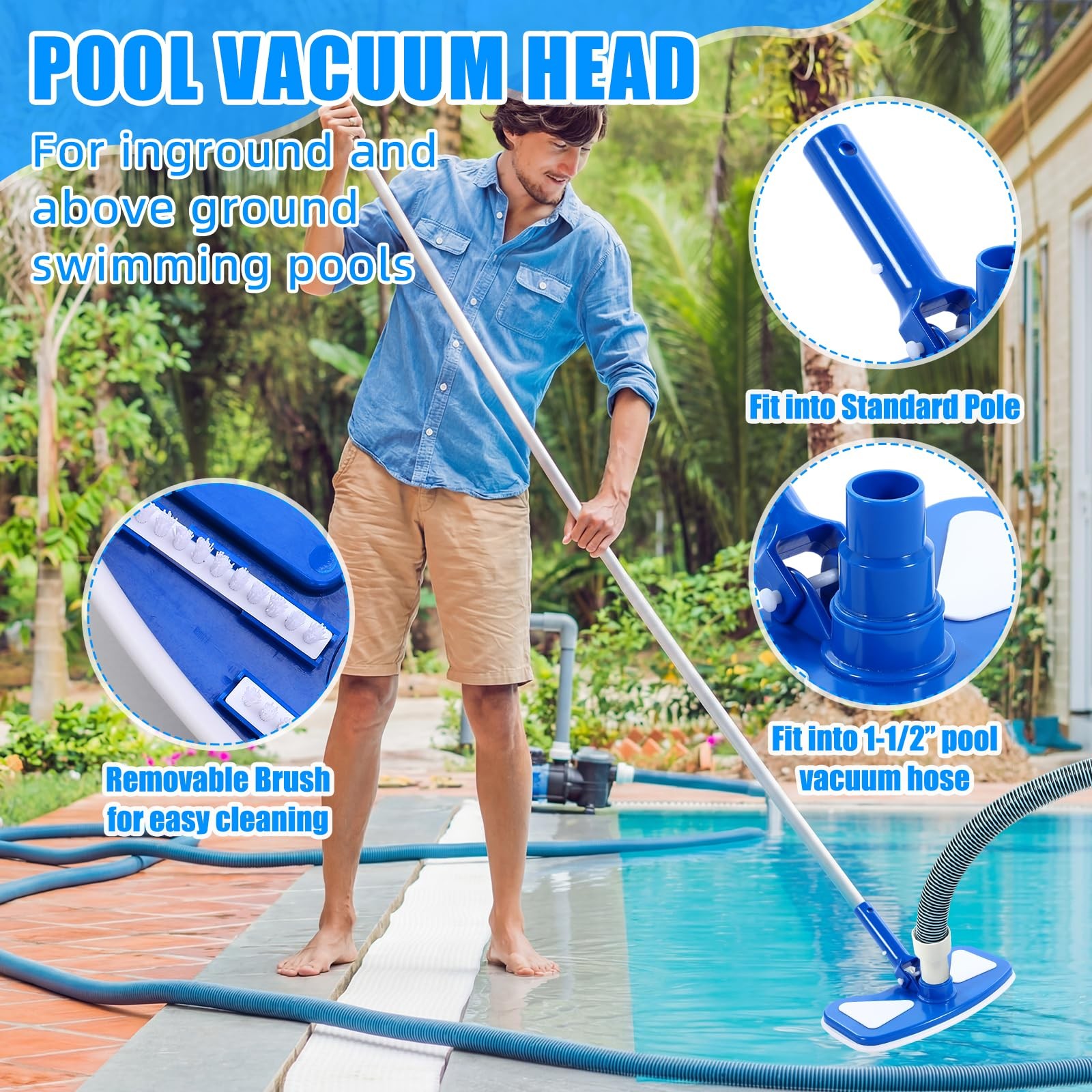 Innconee 4 Pcs Swimming Pool Vacuum Kits 11.8&Prime; Head blue and white