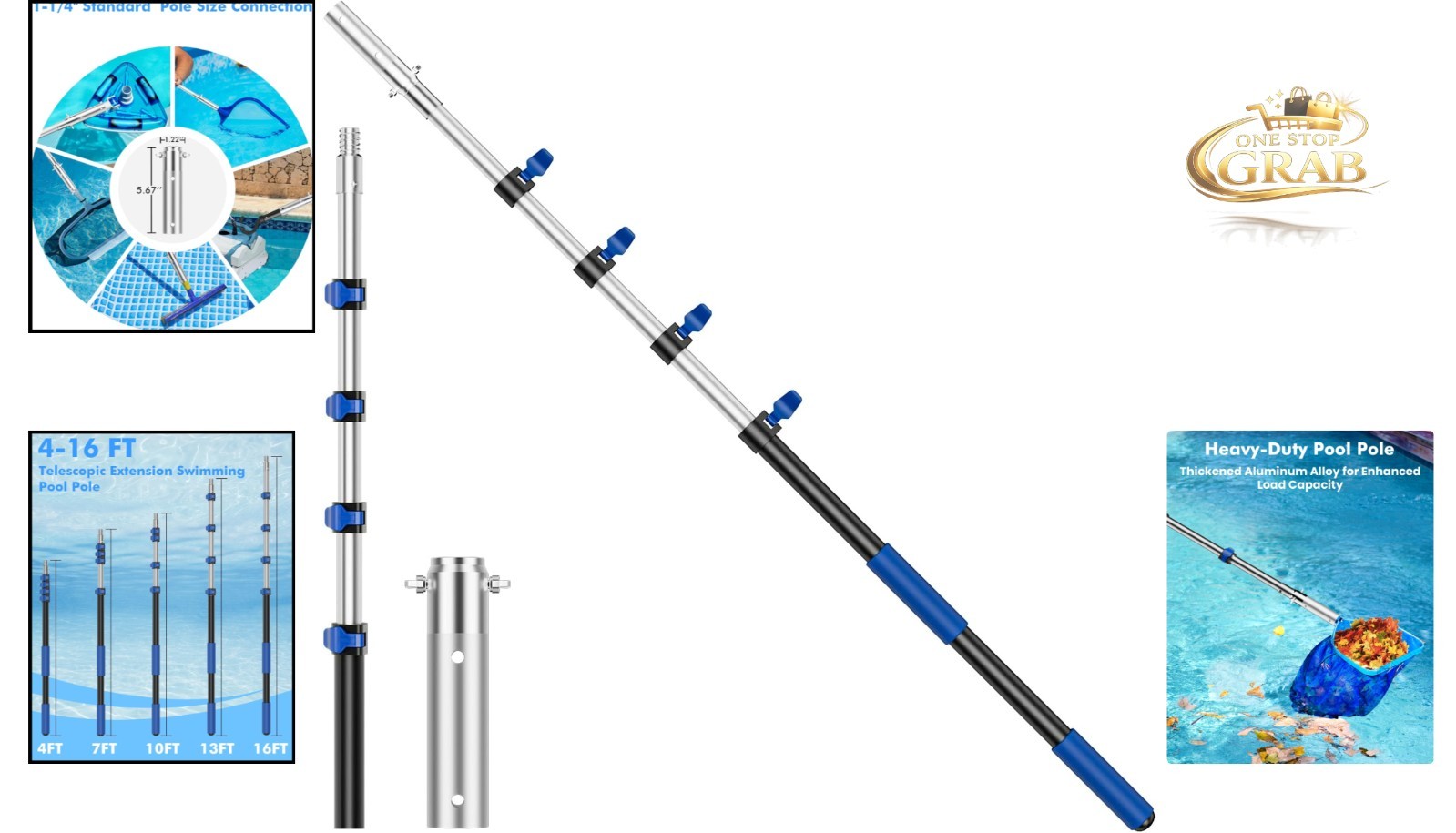 16FT Telescopic Pool Pole Aluminum Heavy Duty Extendable Cleaning Tool