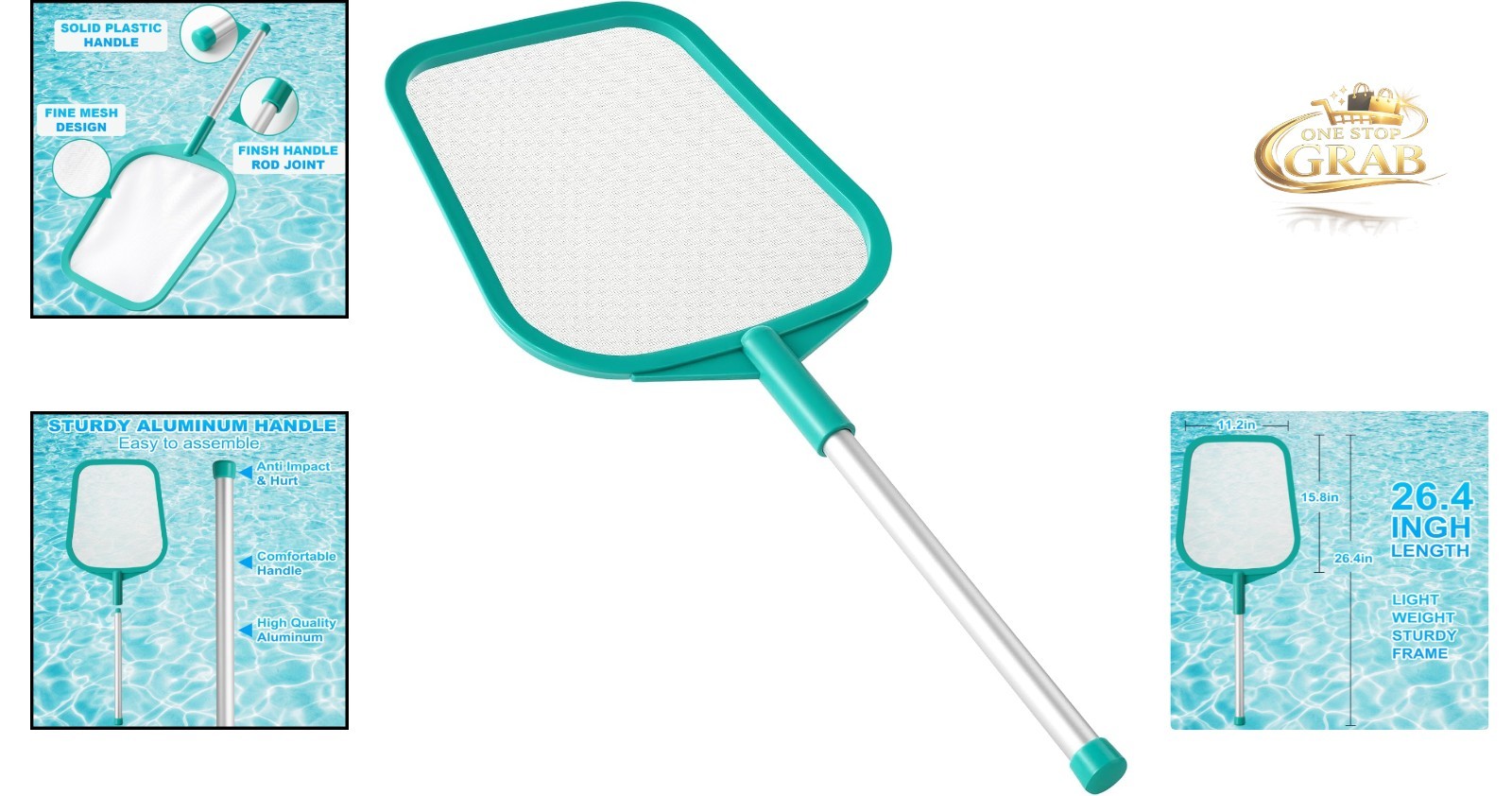 Pool Skimmer Net with Pole, Fine Mesh, Solid Plastic Frame for Pool & Hot Tub