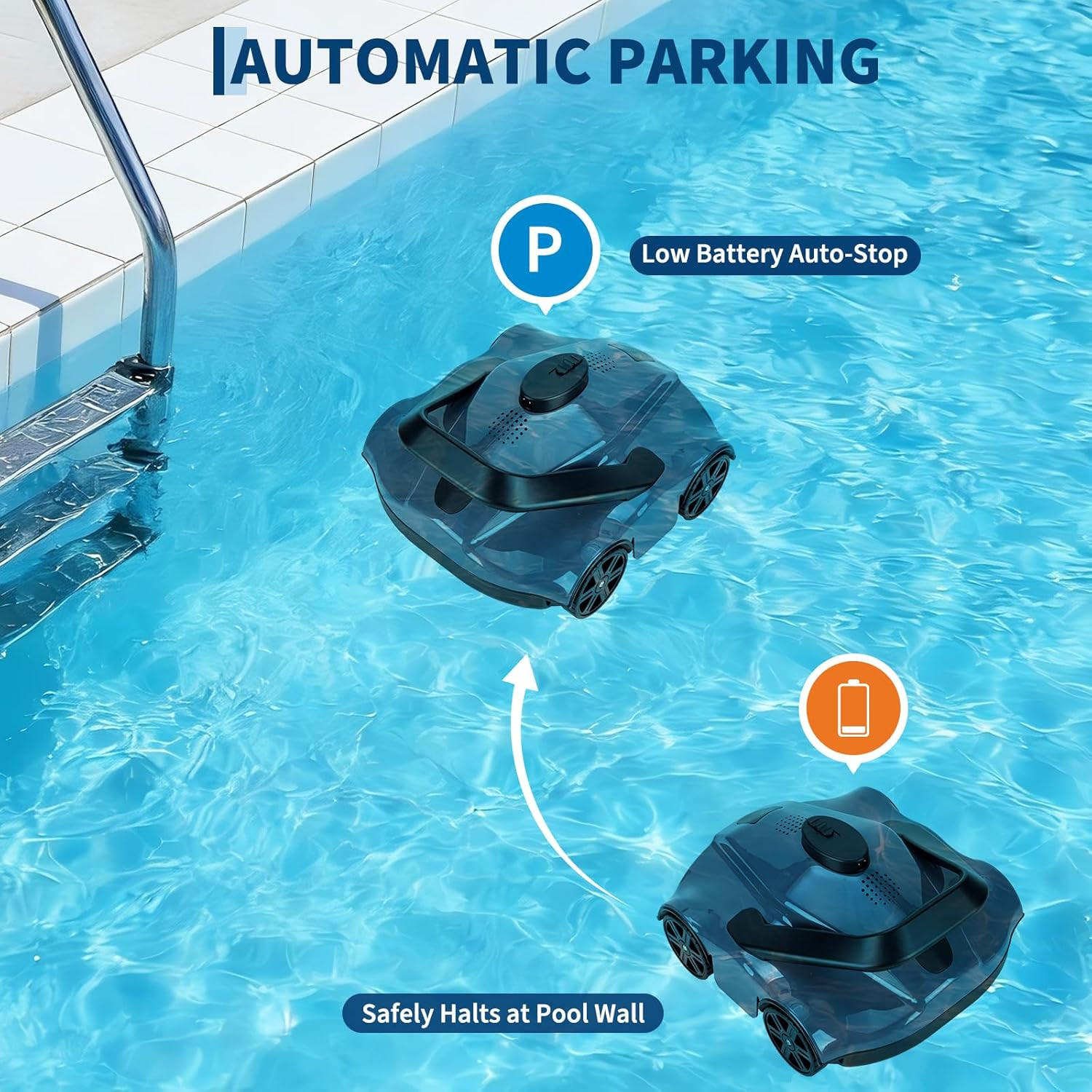 Cordless Robotic Pool Vacuum – 130 Min Runtime, Self-Parking, Portable Design