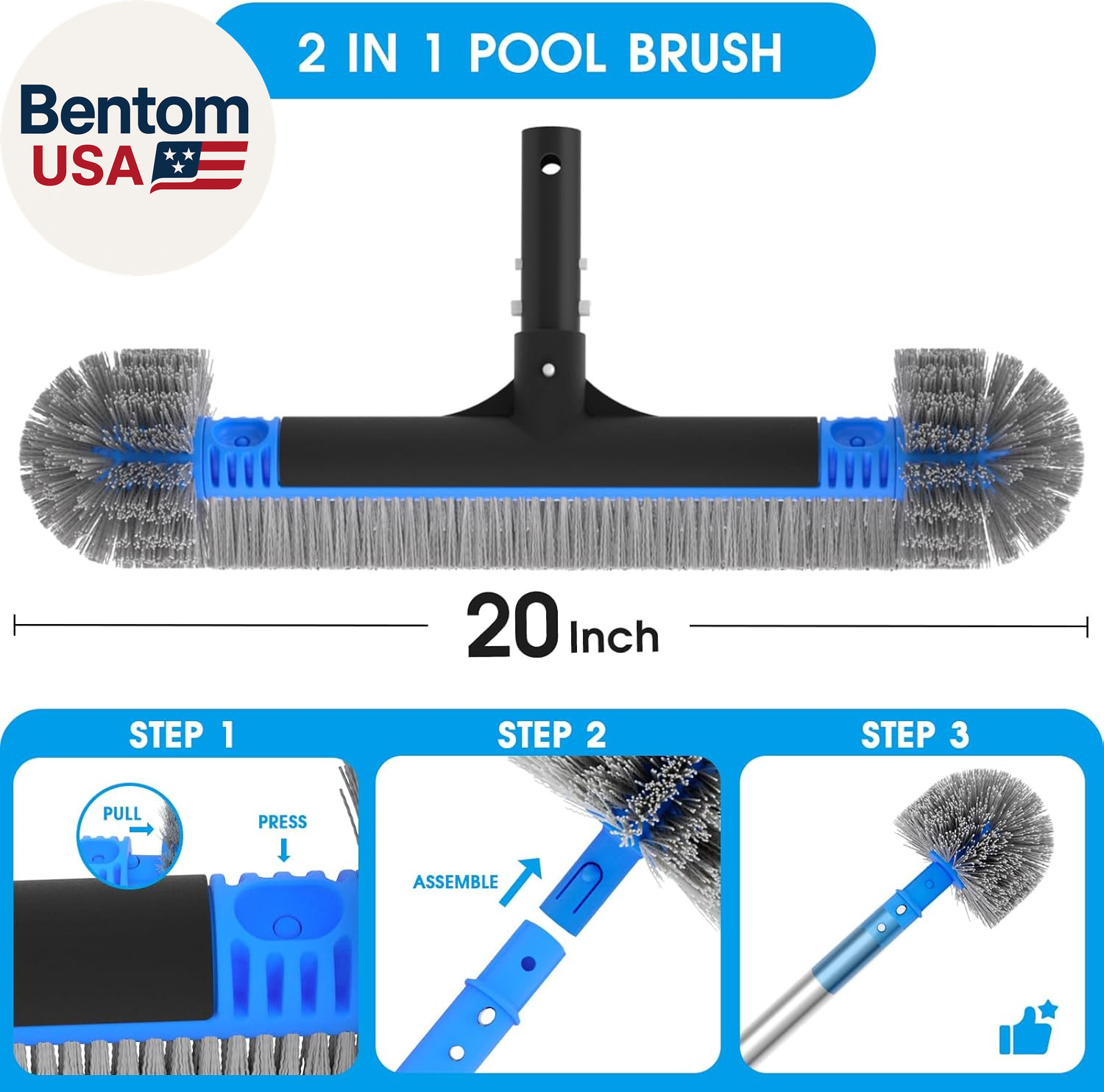 20 » 2 in 1 Pool Brush Head Cobweb Duster Heavy Duty Pool Cleaning Detachable ro
