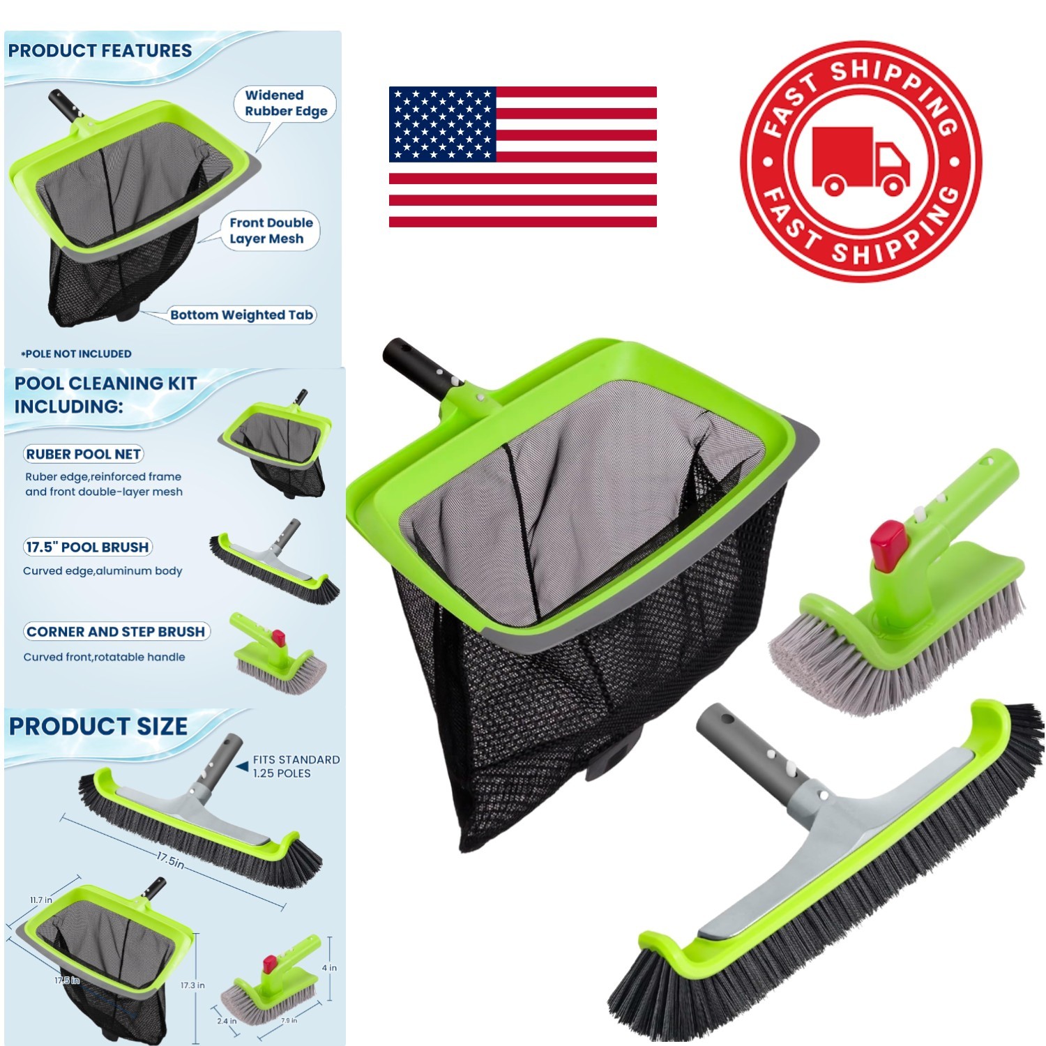 Heavy Duty Pool Maintenance Set with 17.5 Inch Brush and Rotatable Scrub Tool