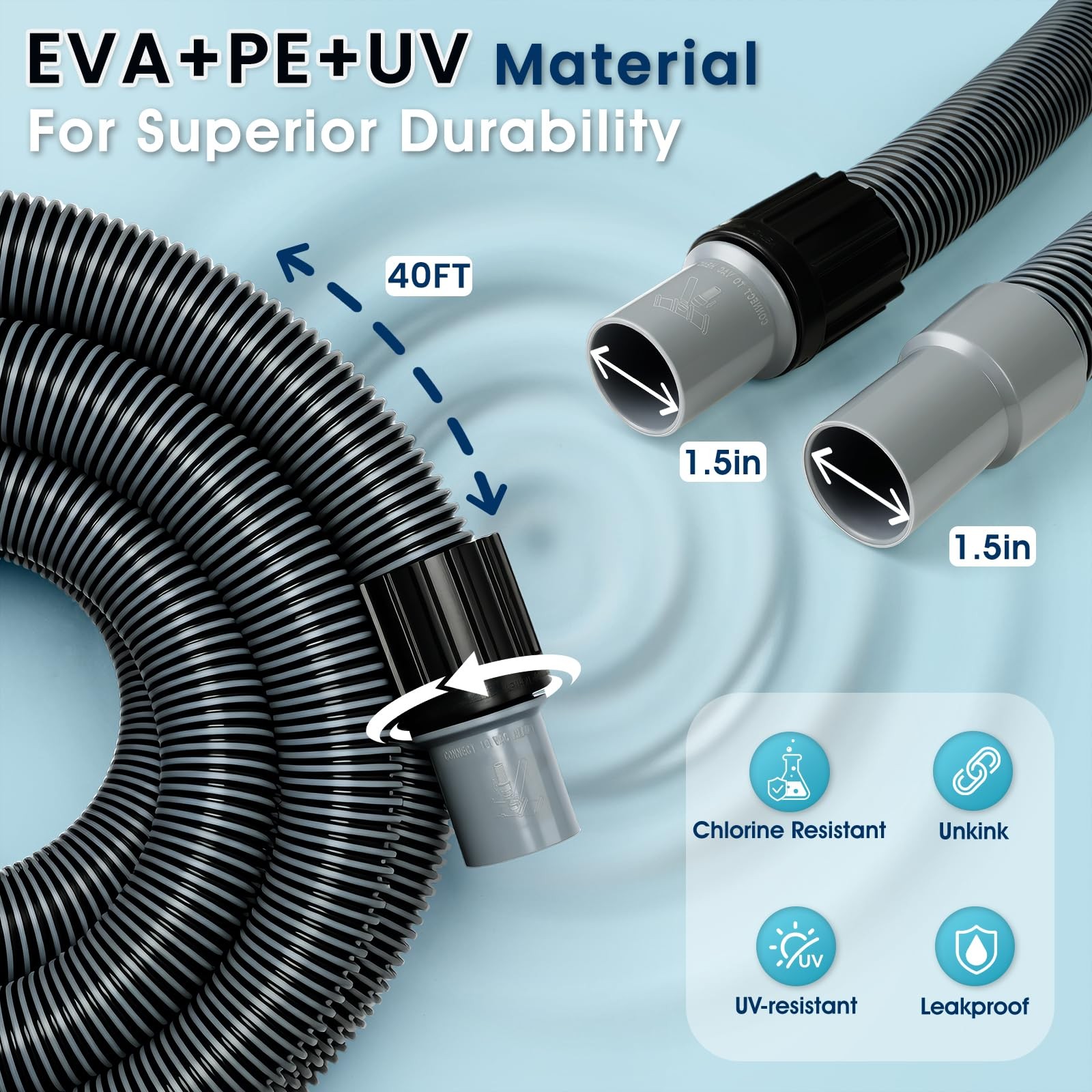 Manual Pool Vacuum Hose 1-1/2&Prime; x 35ft, Kink-Free 35-Feet, Gray