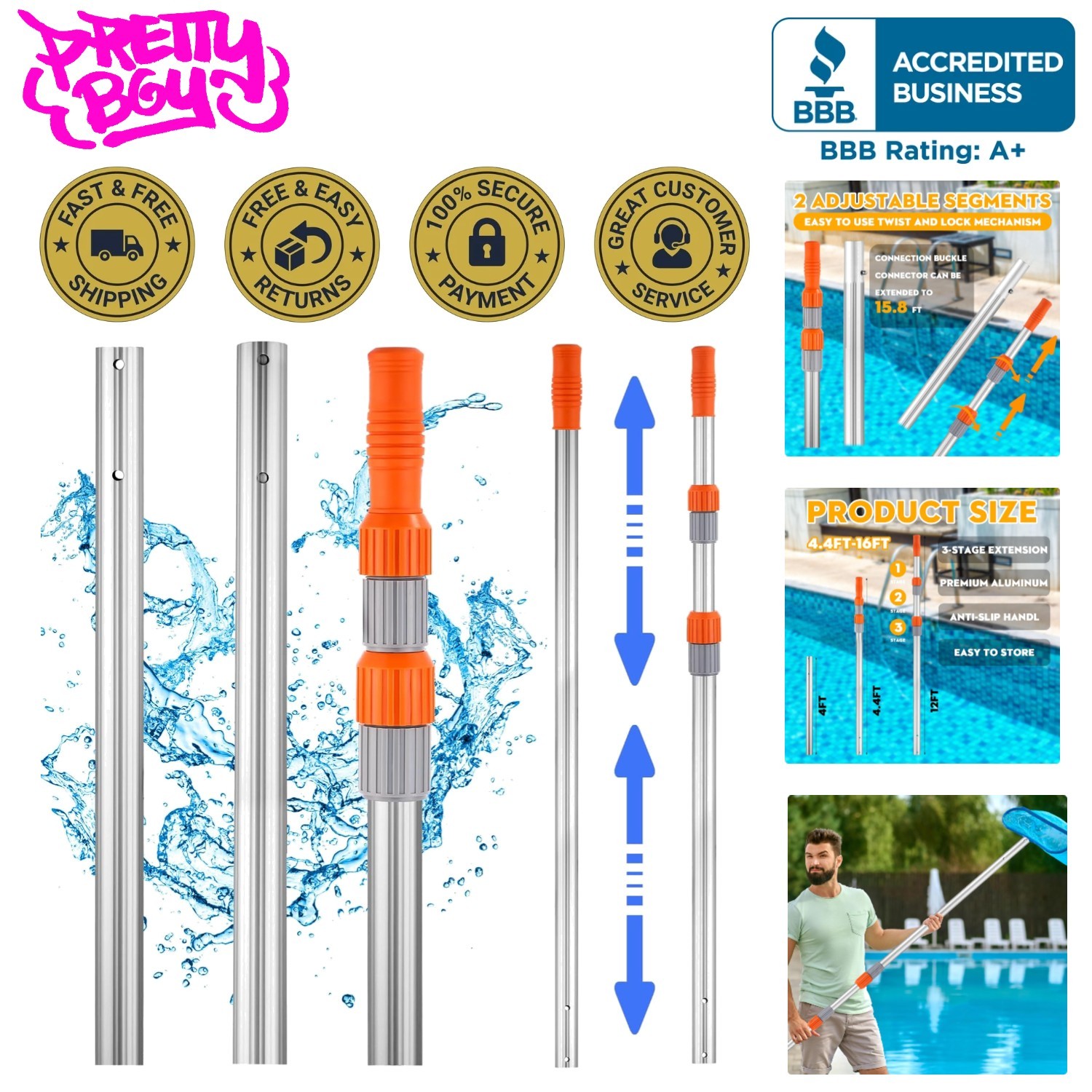 Universal Fit 16 ft Telescopic Pool Pole – Lightweight and Durable Cleaning Tool