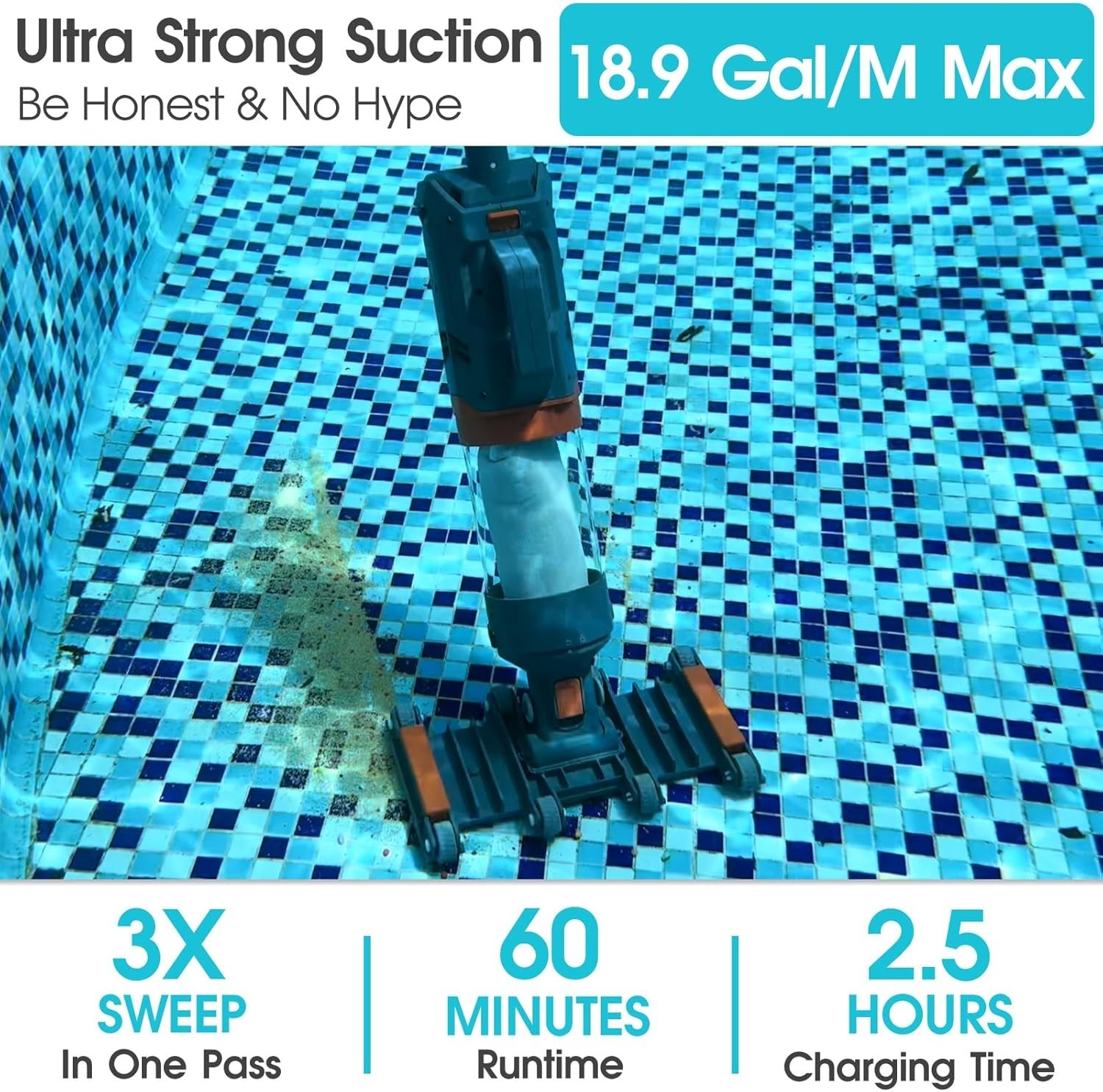Efficient Heavy Duty Handheld Pool Vacuum – 2 Lithium-Ion Batteries Included