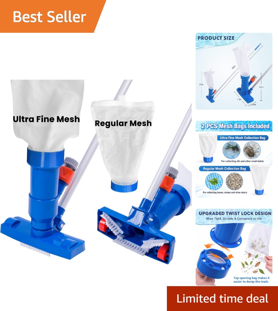 Multi-Surface Jet Vacuum Cleaner for Pools, Ponds & Fountains – 2 Filters