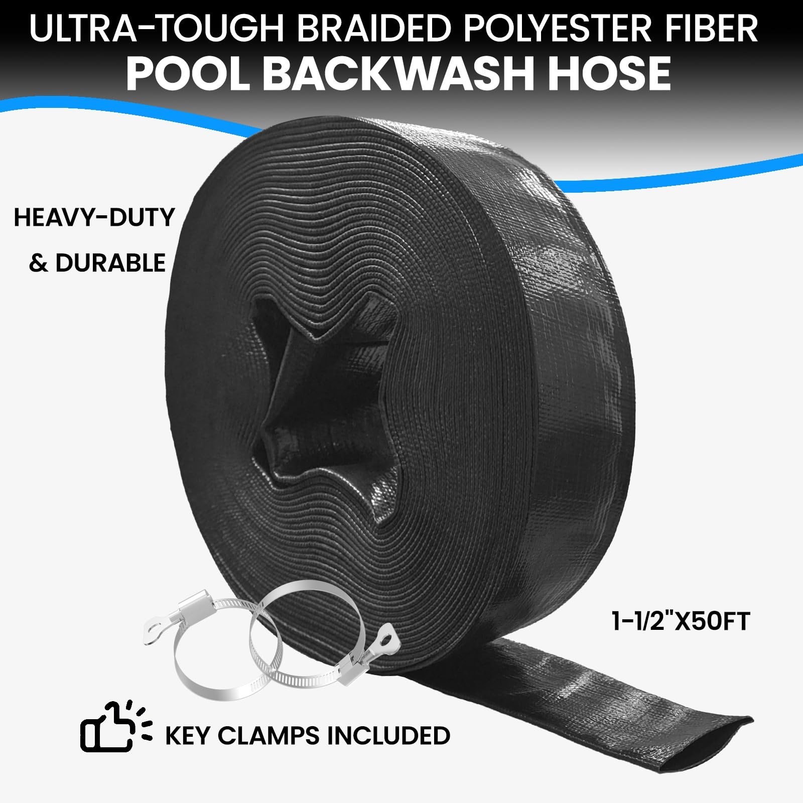 Poolvio Backwash Hose 1-1/2&Prime; x 50 ft, Heavy-Duty x 50 Black