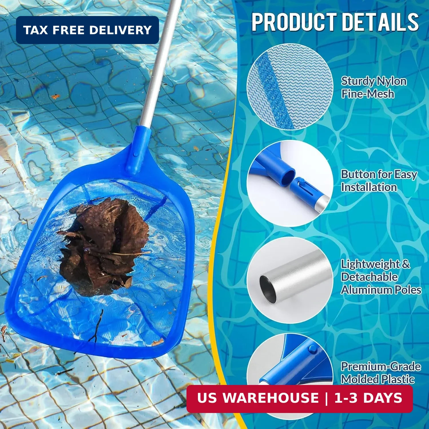 Pool Skimmer Net, Deep Pool Leaf Net with Reinforced Frame, Large Capacity Rake