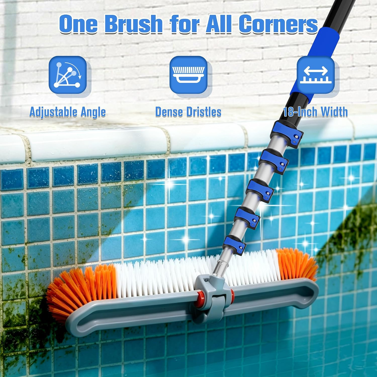 Telescopic Pool Brush with 18&Prime; Head & Adjustable 5-20FT Pole for Easy Cleaning