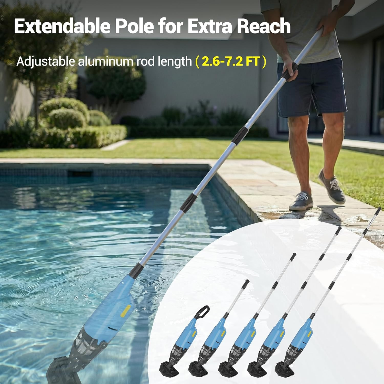 Pool Vacuum above Ground Pool, 60Min Runtime & 4-Section Aluminum Pole, 18 GPM P
