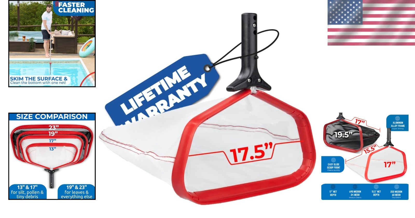 ProTuff Pool Skimmer Net 17&Prime; – Lifetime Replacement, Ultra-Fine Silt Mesh, Al…