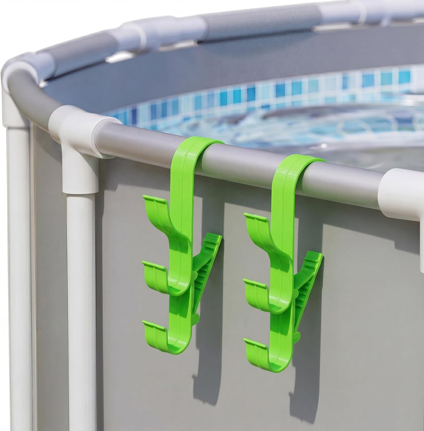2 Pack Adjustable Pool Pole Hanger with 3 Hooks, Pool Fence Hooks Clip-On Poolsi