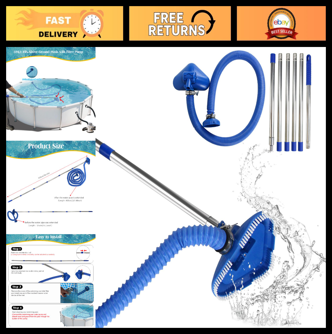 Pool Vacuum Cleaner for Above & In-Ground Pools, Flexible Hose & Extendable Rods