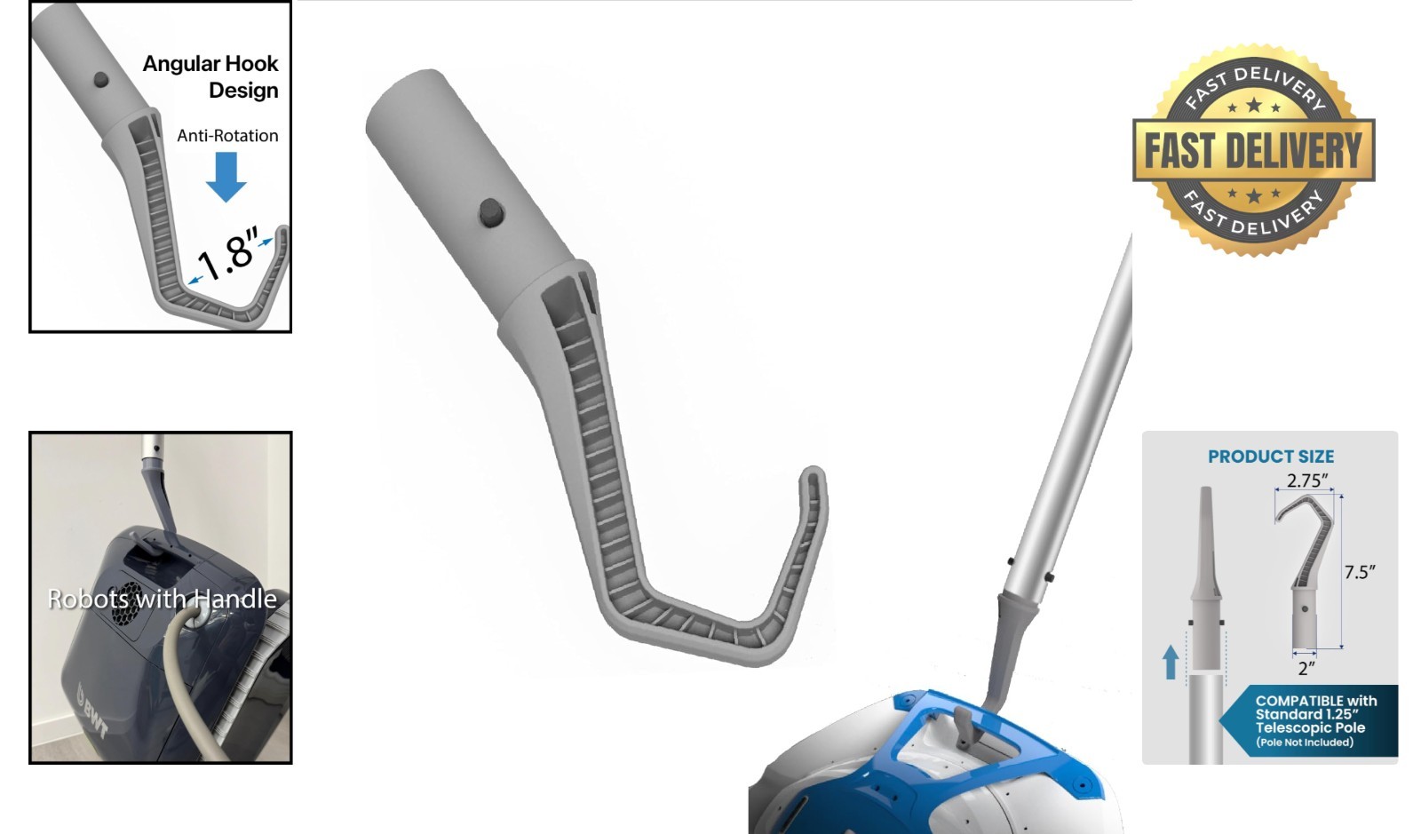 Lightweight Durable Retrieval Hook for Cordless Robotic Pool Cleaners & Skimmers