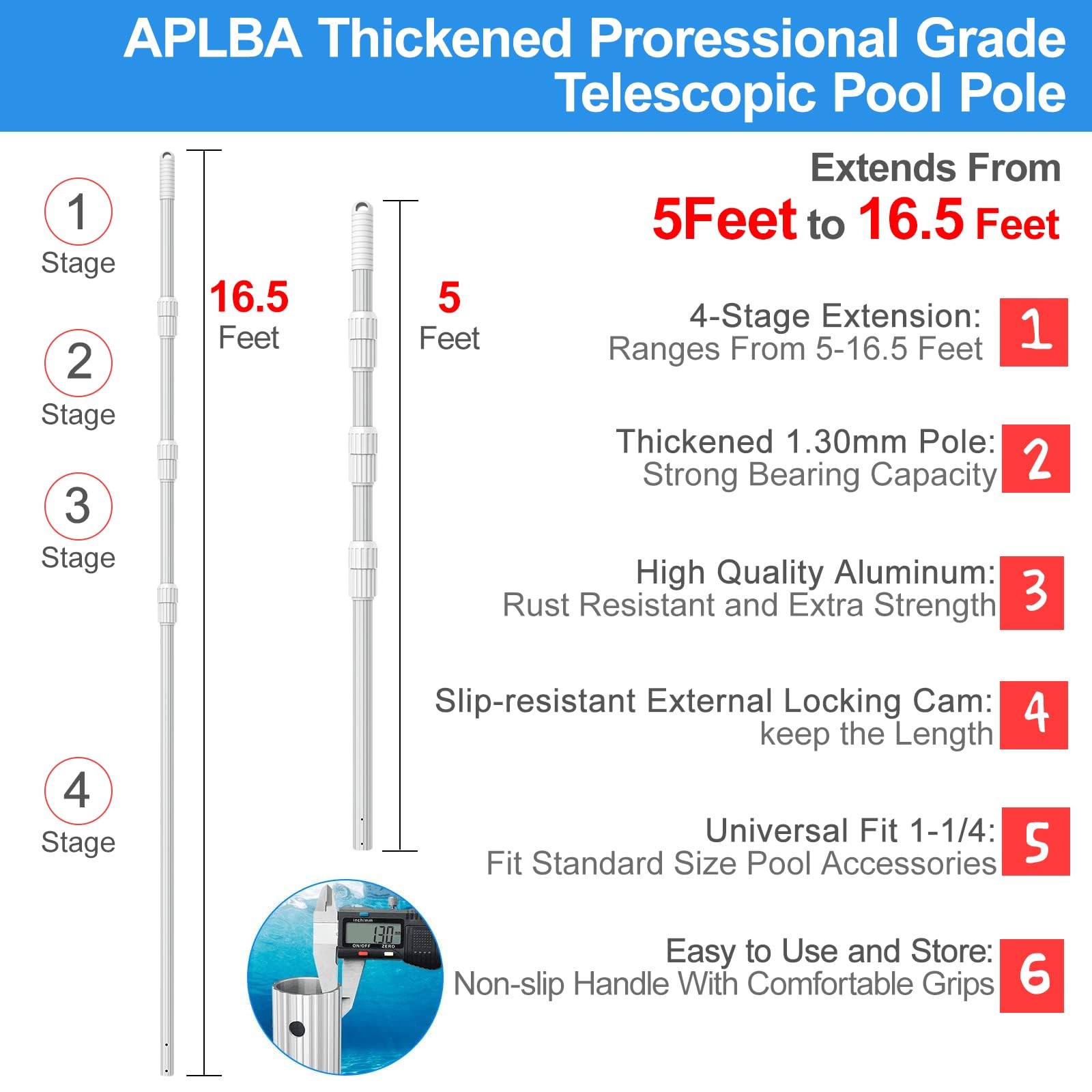 Upgraded Professional 16.5 Feet Swimming Pool Pole Telescopic Aluminum Thicke…