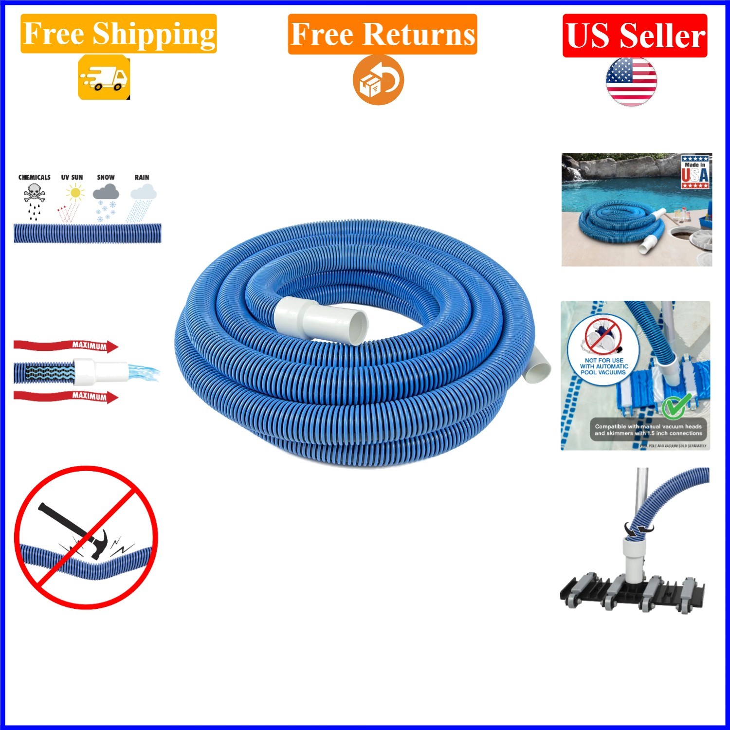 30 Ft Blue Pool Vacuum Hose – Kink-Free, Heavy Duty, Swivel Cuff