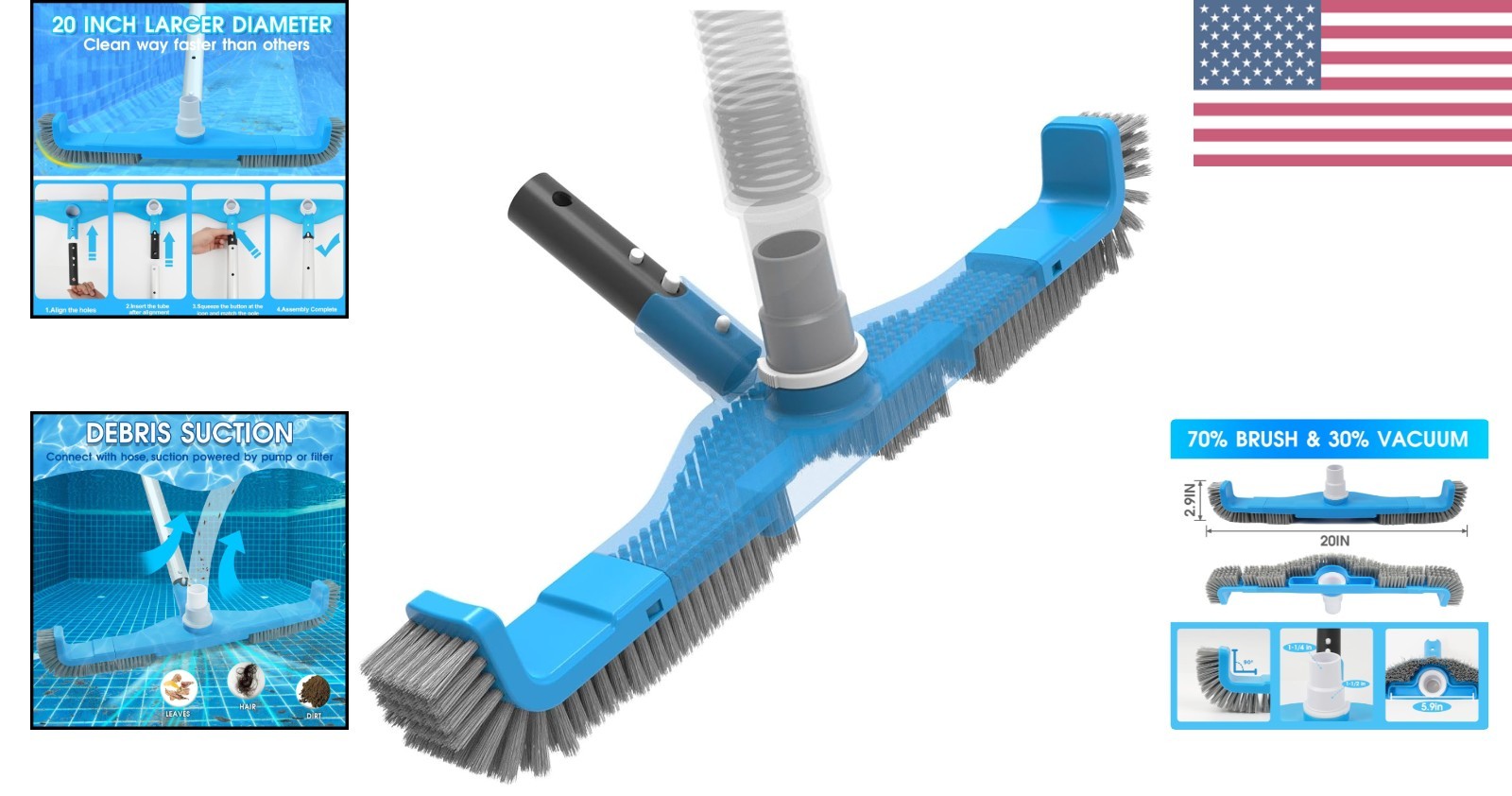 20&Prime; 2 in 1 Pool Brush Vacuum Head with Swivel Hose Connection & Sturdy Nylon …