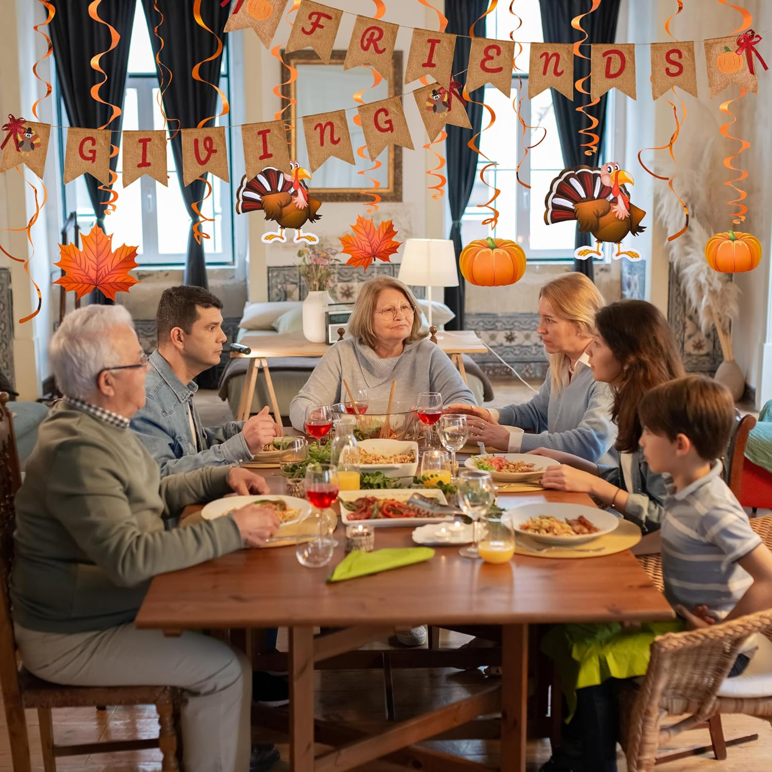 Friendsgiving Garland Kit with 2 Banners & 6 Foil Swirl Cutouts Thanksgiving Set