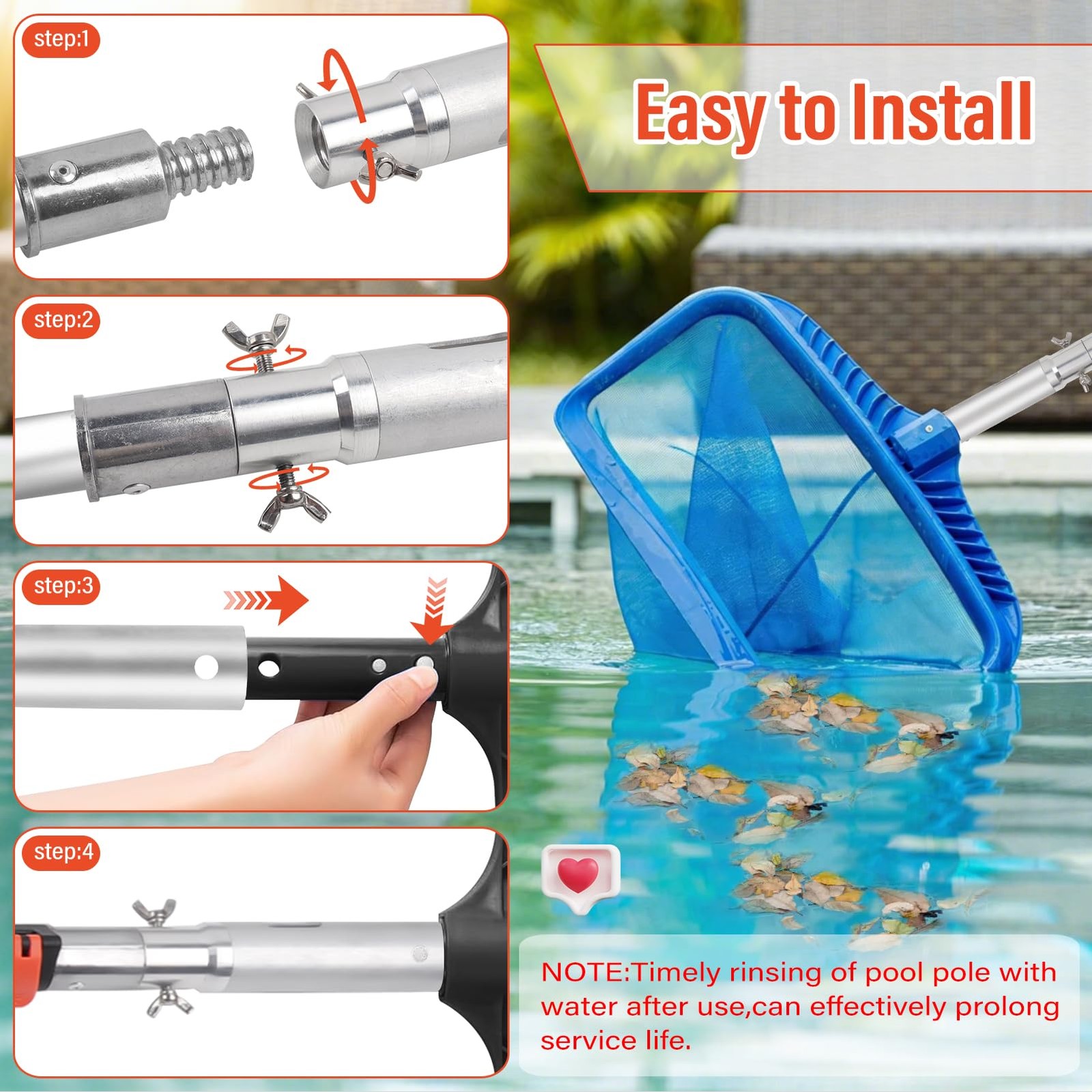 Extendable 12FT Pool Cleaning Pole, Heavy Duty Aluminum with 4 Baffle Locks