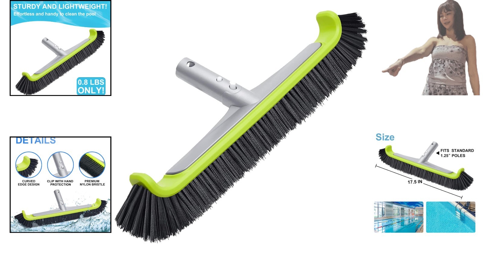 17.5&Prime; Heavy-Duty Pool Cleaning Brush with Curved Edges for Safe Wall Scrubbing