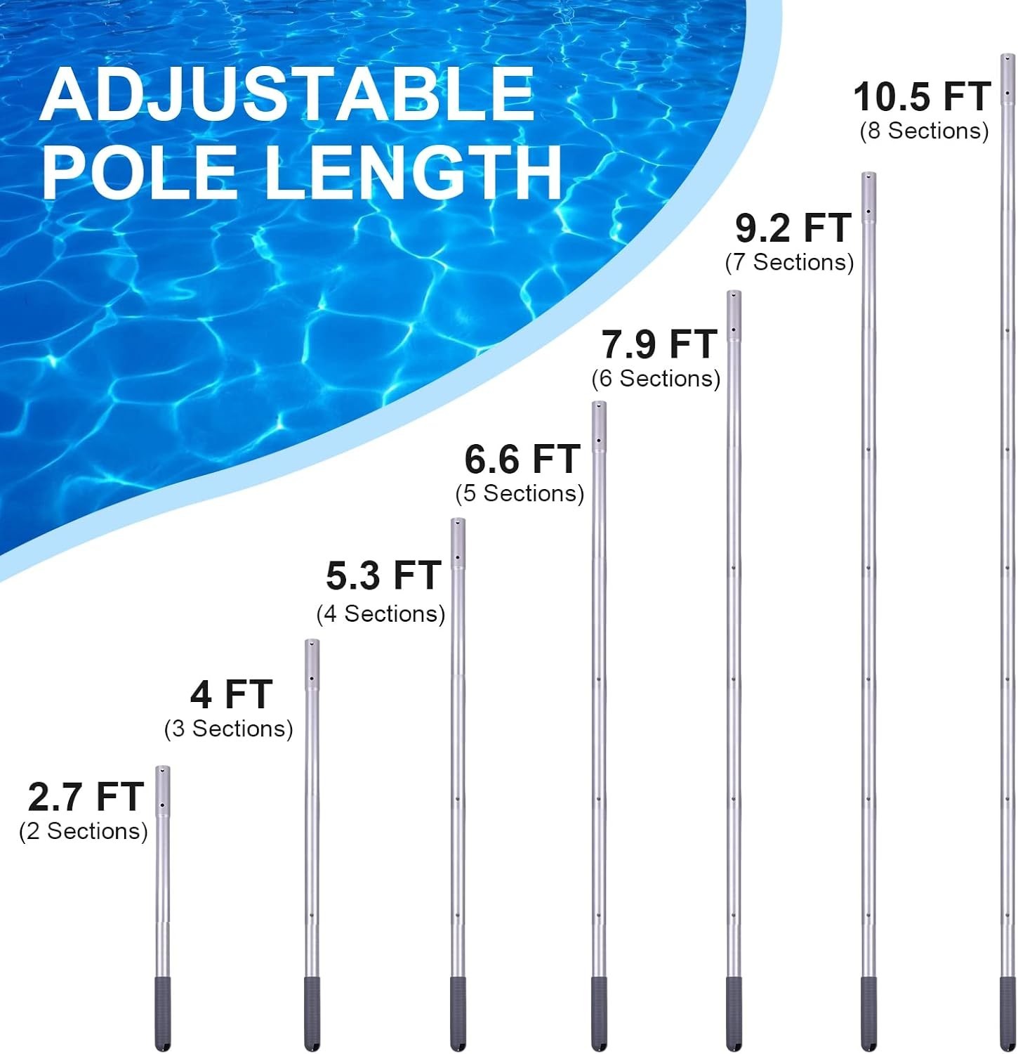 10.5 FT Adjustable Anodized Aluminum Pool Cleaning Pole for Easy Maintenance