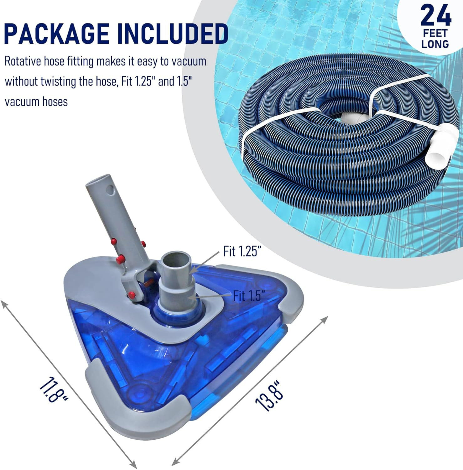 24FT Pool Vacuum Hose Set with Vacuum Head & 12FT Telescopic Pole