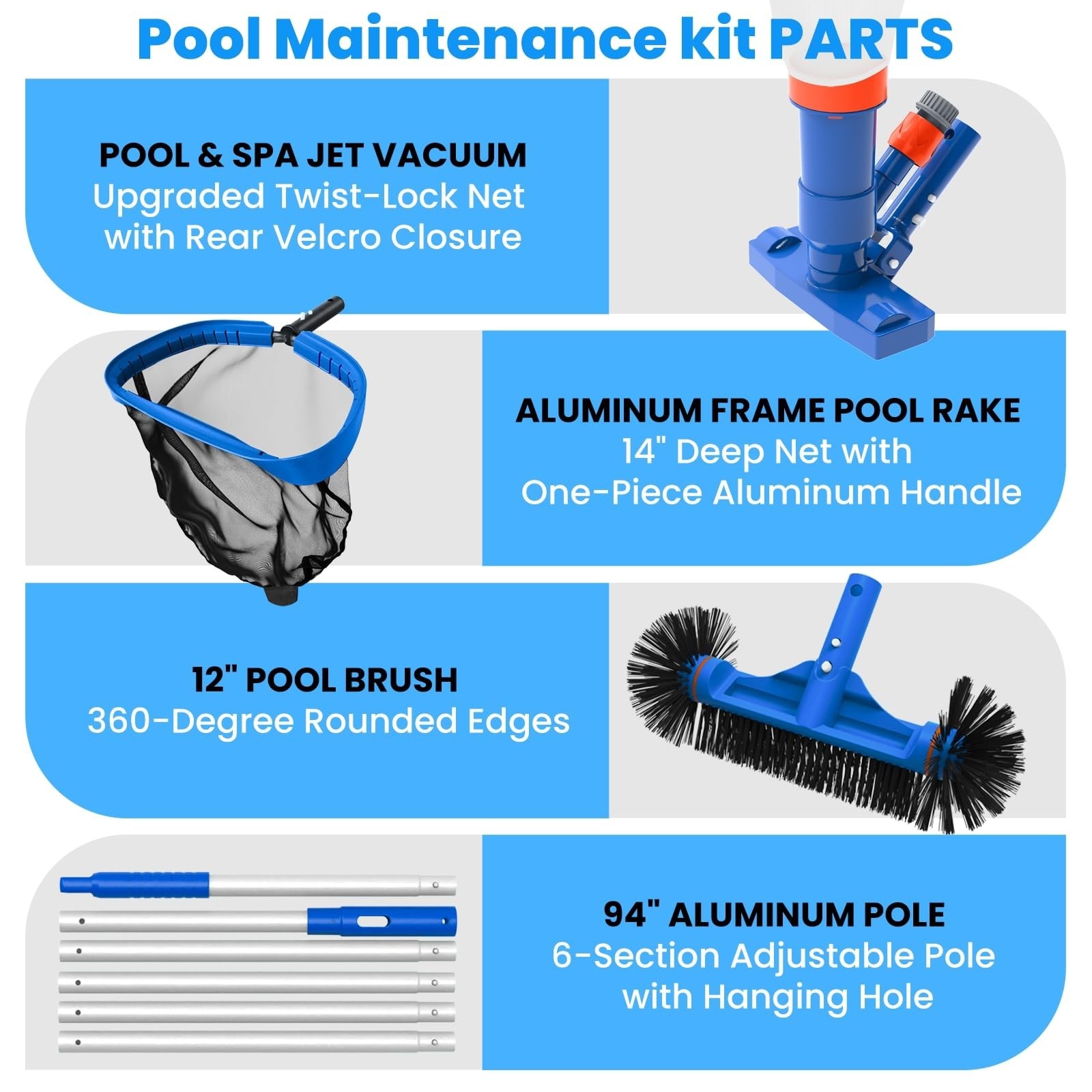 Poolvio Pool Cleaning Kit with Spa Jet Vacuum Cleaner, 8-Foot Pole, Leaf Rake…