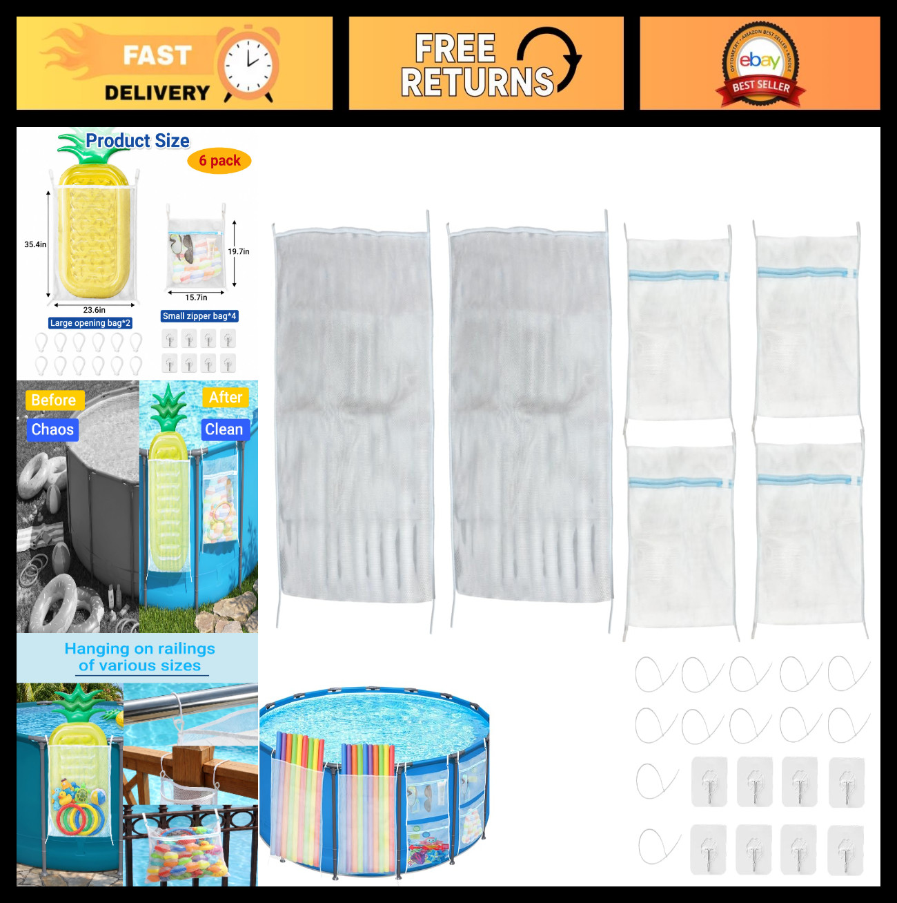 6-Pack Pool Float Storage Bags – Mesh Organizers for Noodles, Toys & Accessories