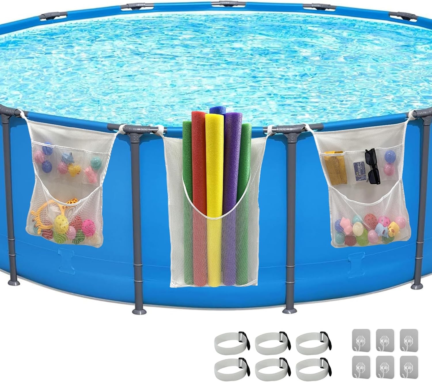 Poolside Pool Float Storage, 3-Pack Mesh Storage Bags with 6 Adhesive Hooks