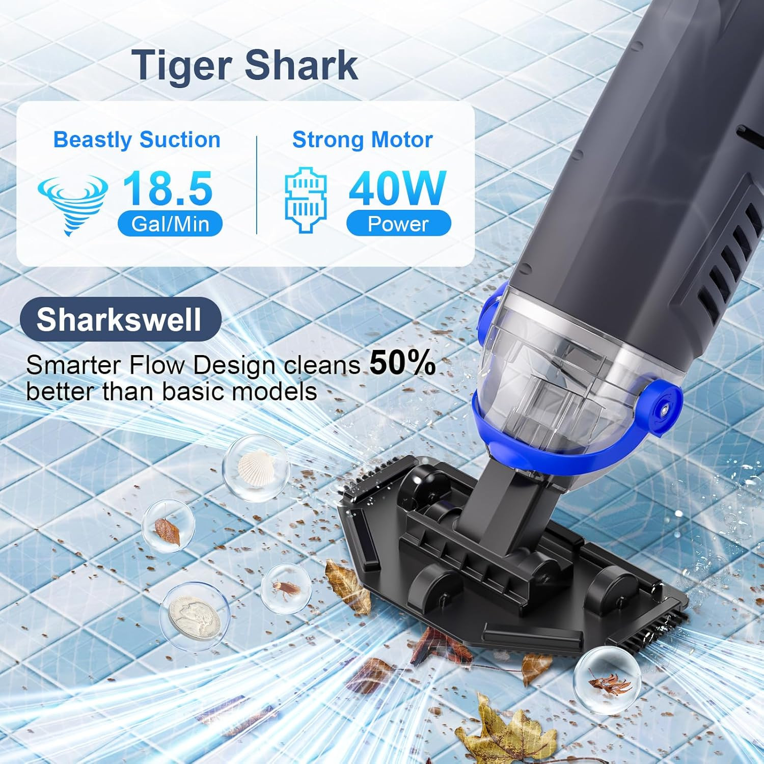 Upgraded Cordless Pool Vacuum with Telescopic Pole, 60 Min Powerful Suction & La