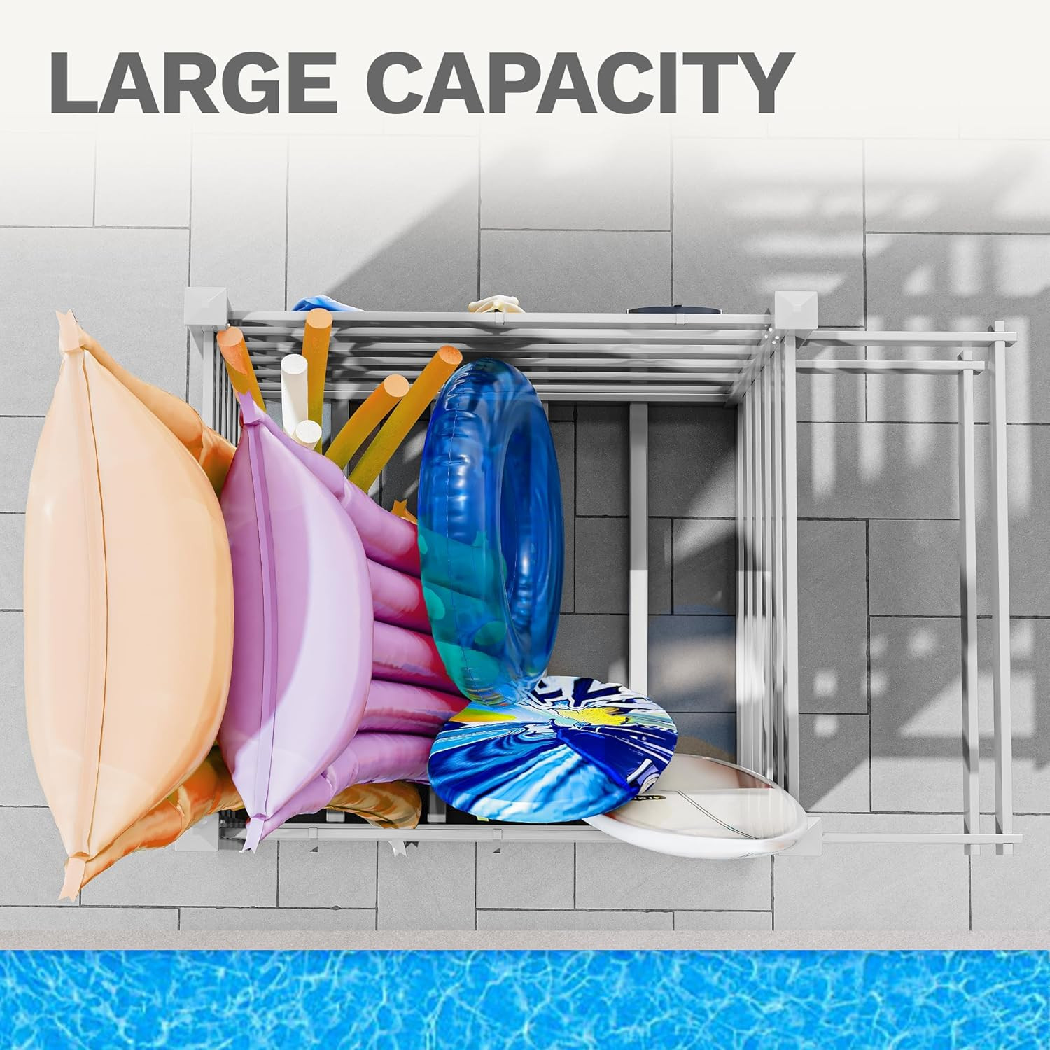 Light Gray Pool Storage Organizer with 6 Hooks for Floats and Noodles