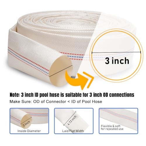 3 Inch x Length Swimming Pool Backwash Hose, PVC Lay-Flat 3 Inch ID 26.2 Feet