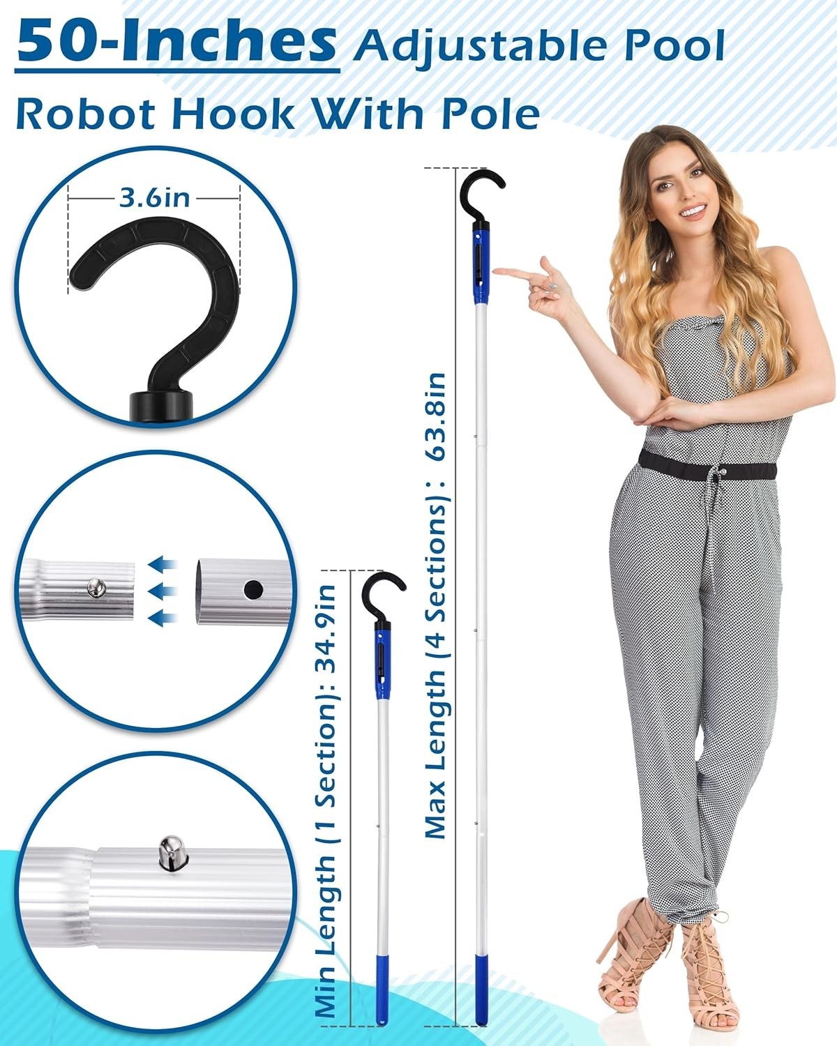 Adjustable Stainless Pool Robot Retrieval Hook & Pole – Heavy-Duty, Rust-Proo…