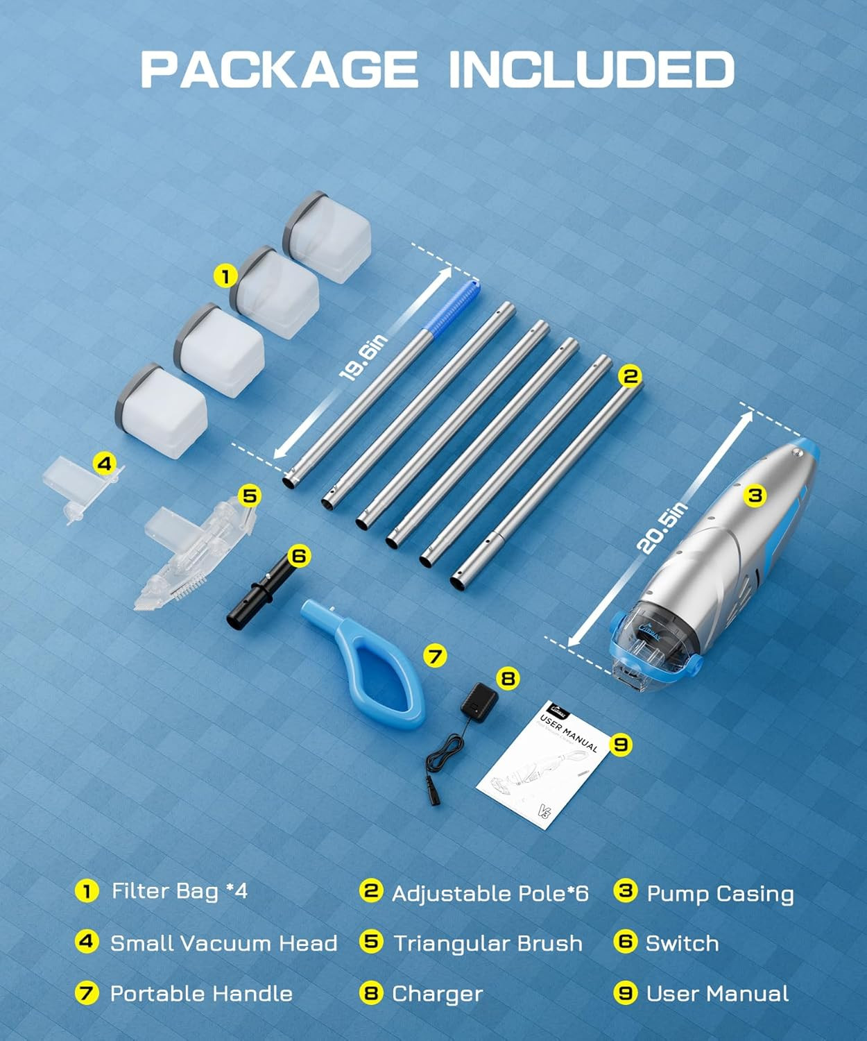 Cordless Pool Vacuum w/4 Filter Bags 26.5GPM Rechargeable Cleaner w/ Heads