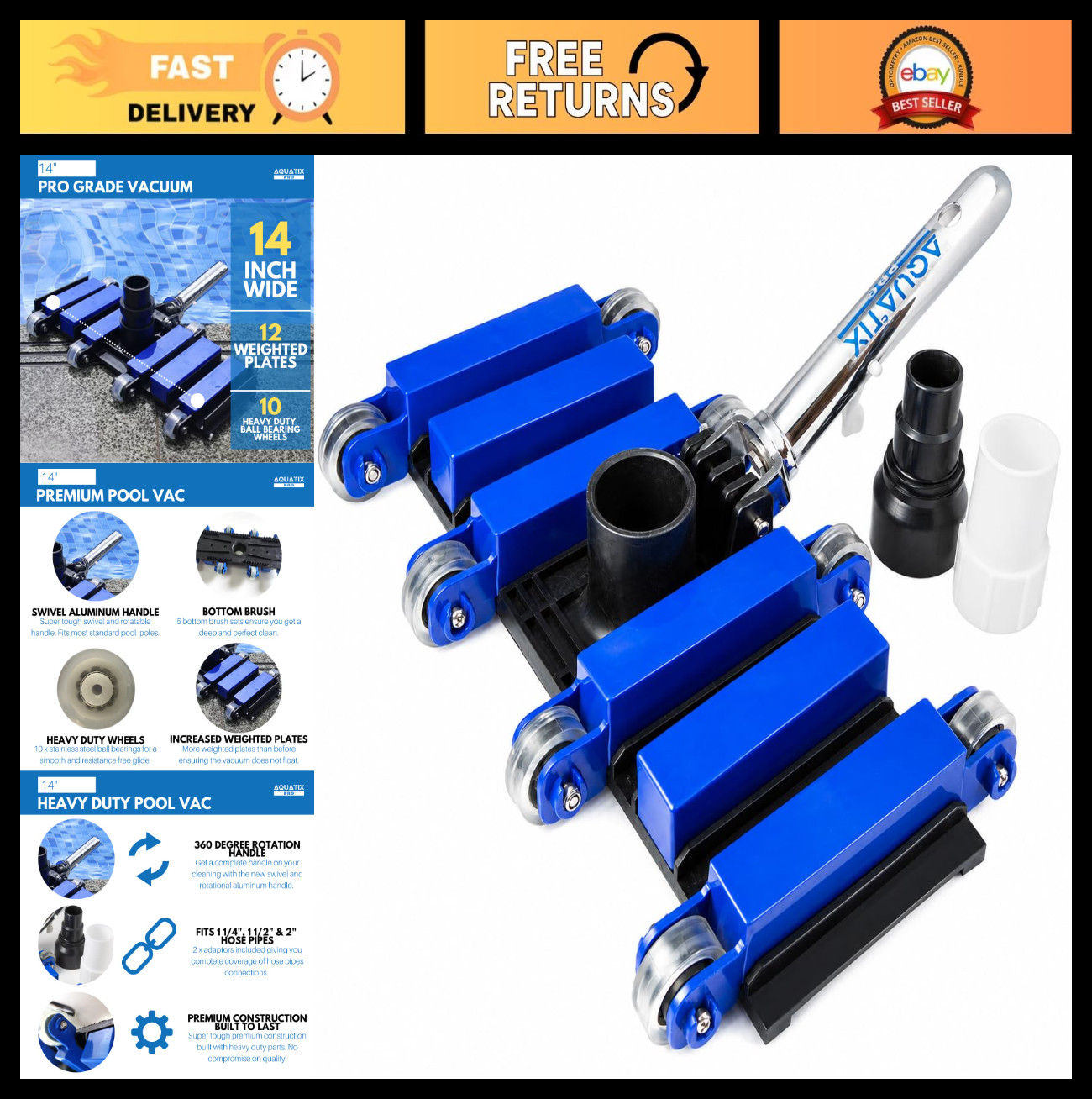 14&Prime; Professional Pool Vacuum Head with Wheels, Hose Adapter, Aluminum Handle, 12