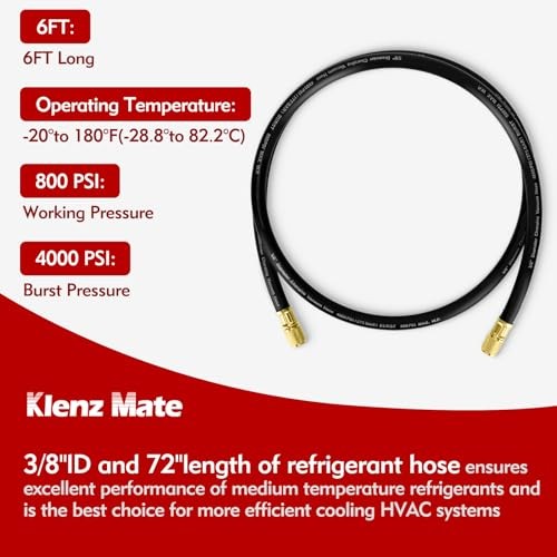 2026 Upgraded 3/8&Prime; HVAC Vacuum Hose,72“ Refrigerant Charging Hose, Black 6Ft