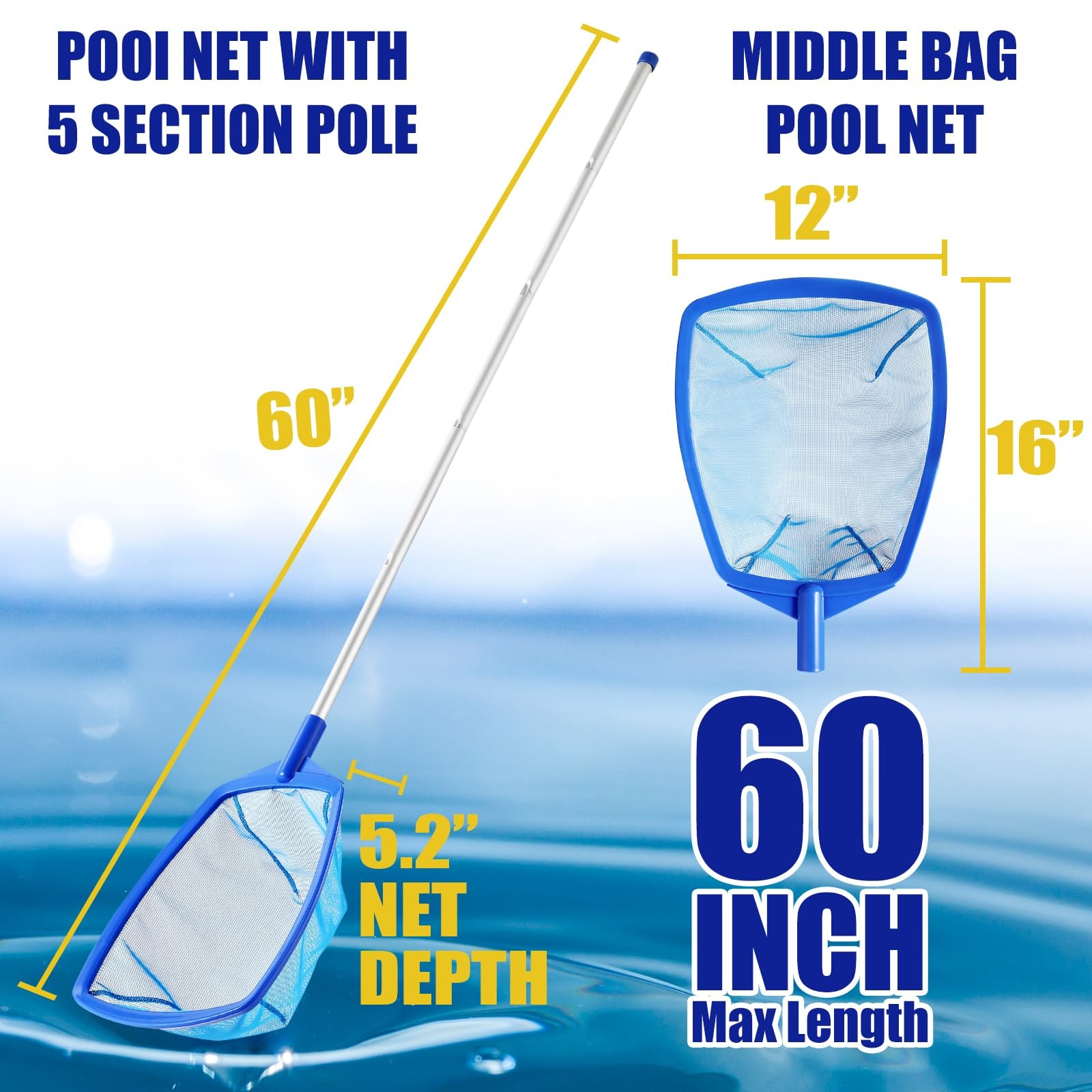Adjustable Pool Skimmer Net with Telescopic Pole Ultra Fine Mesh Rake